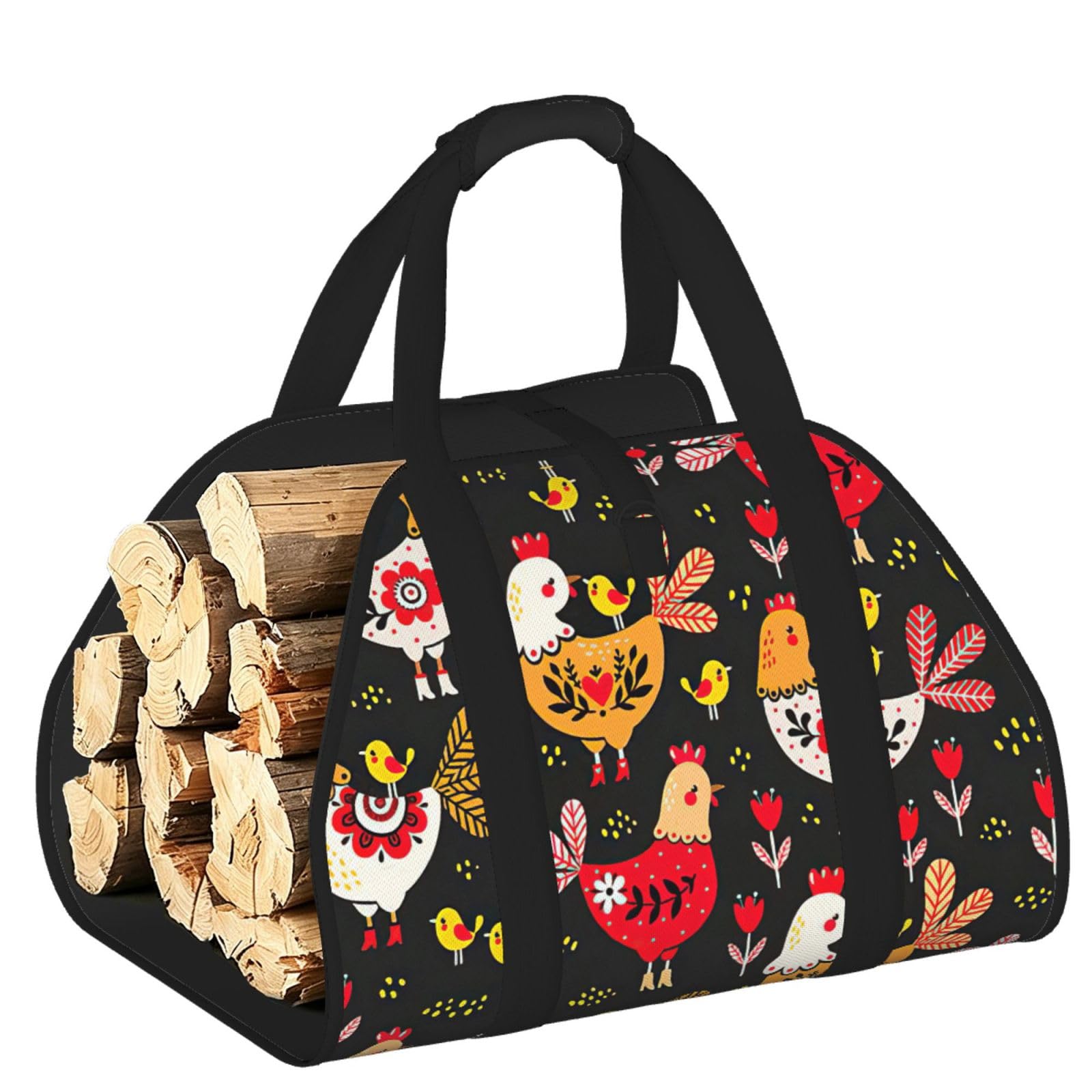Cute Rooster Chickens Printed Firewood Carrier Bag, Log Tote with Open-Ended Design for Camping Outdoor Wood Hauling
