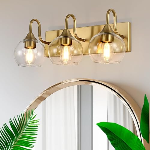 Lámparas de baño, 3 luces doradas cepilladas sobre espejo, apliques de pared modernos de 21 pulgadas con pantalla de globo de vidrio transparente,