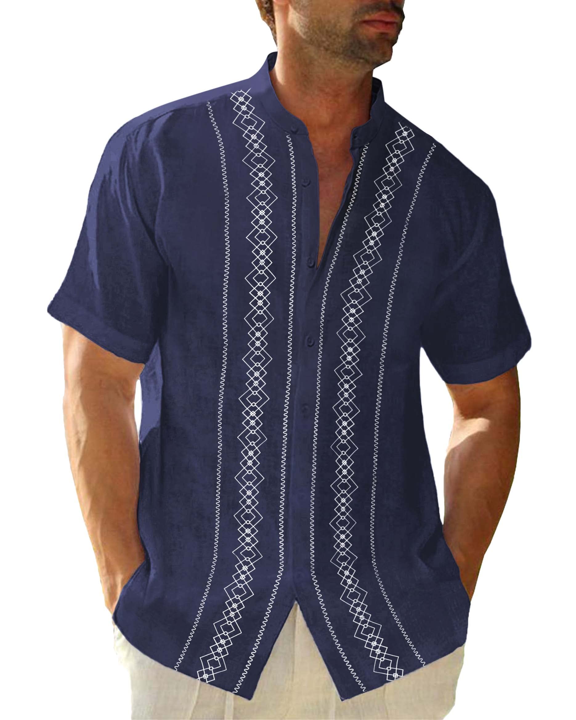 Cuban Guayabera Shirts for Men Short/Long Sleeve Casual Button Down Shirt Band Collar Beach Camp Mexican Shirt