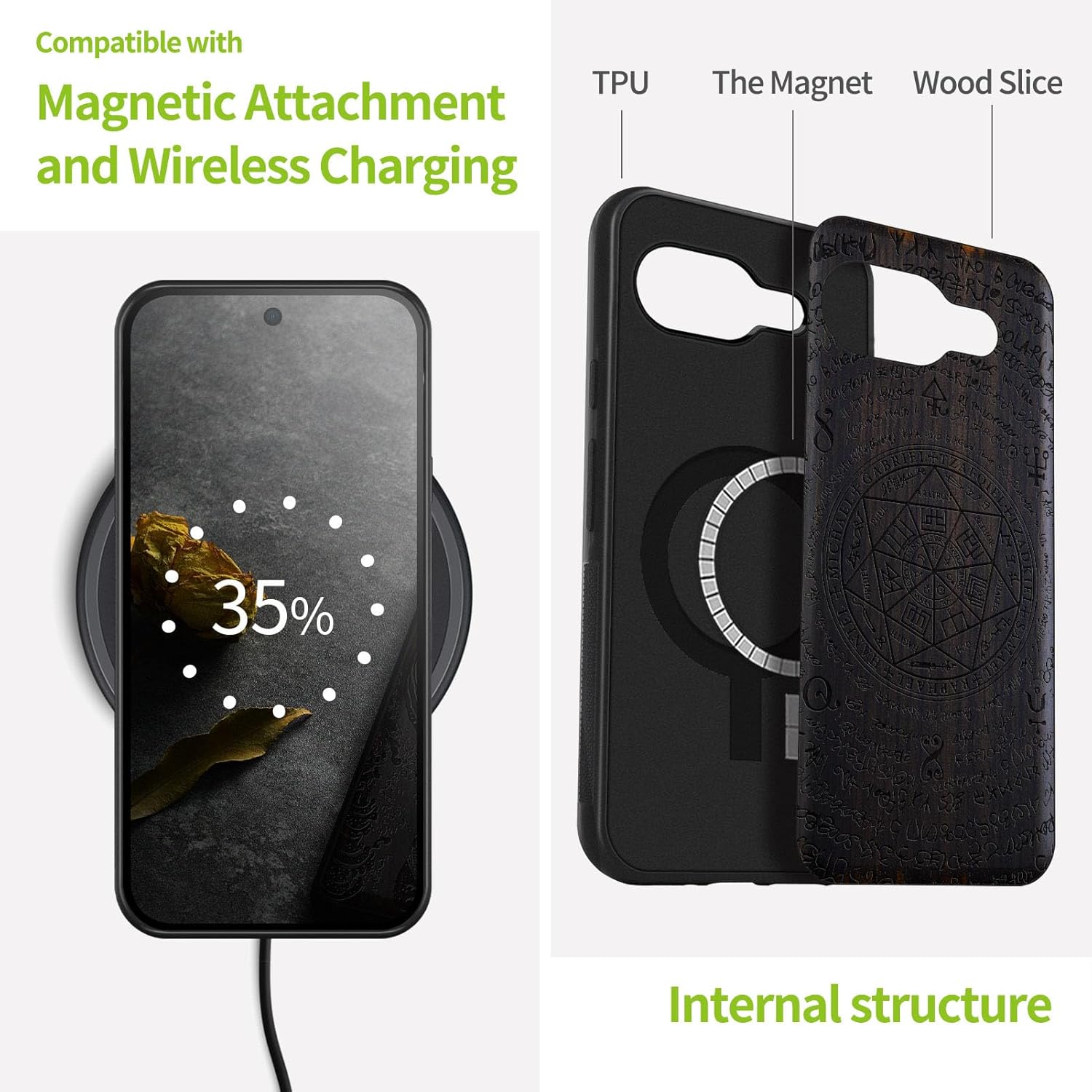 Carveit Magnetic Wooden Case for Google Pixel 9a Case, Wood Artisan Engraved & Soft TPU Shockproof Cover, Compatible with MagSafe Wireless Chargers (Rchangel Solomon's Seals) Blackwood