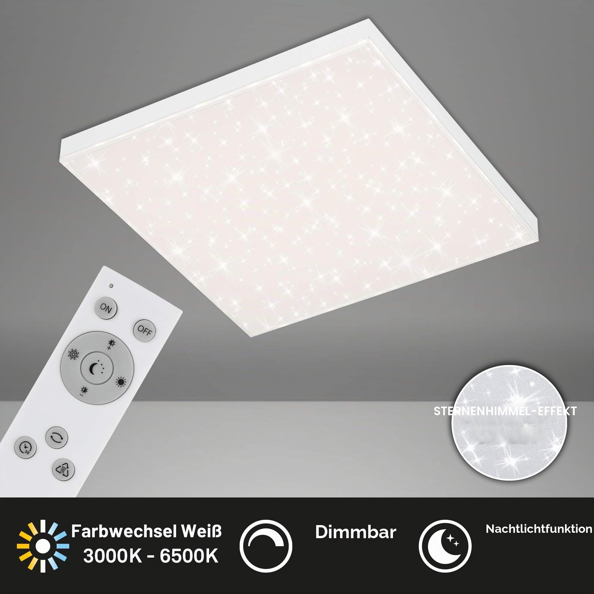 Briloner Leuchten - LED Panel, Deckenleuchte dimmbar, Deckenlampe mit Lichtkante, Sternendekor, inkl. Fernbedienung, Farbtemperatursteuerung, 24 Watt, 2.400 Lumen, Weiß, 450x450x69mm (LxBxH), 7381-116