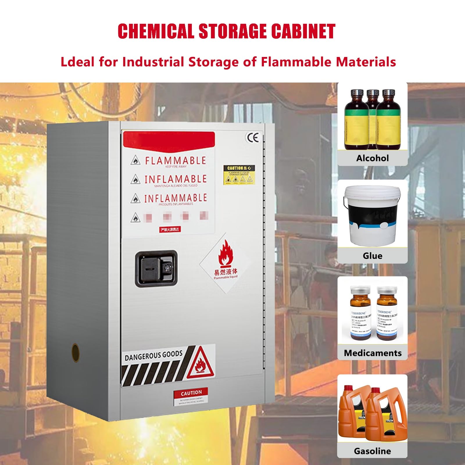 Armadietti for lo stoccaggio di sostanze chimiche in acciaio inossidabile, uso commerciale, industriale e domestico, armadio materiali infiammabili 23" L x 18" P 35" A