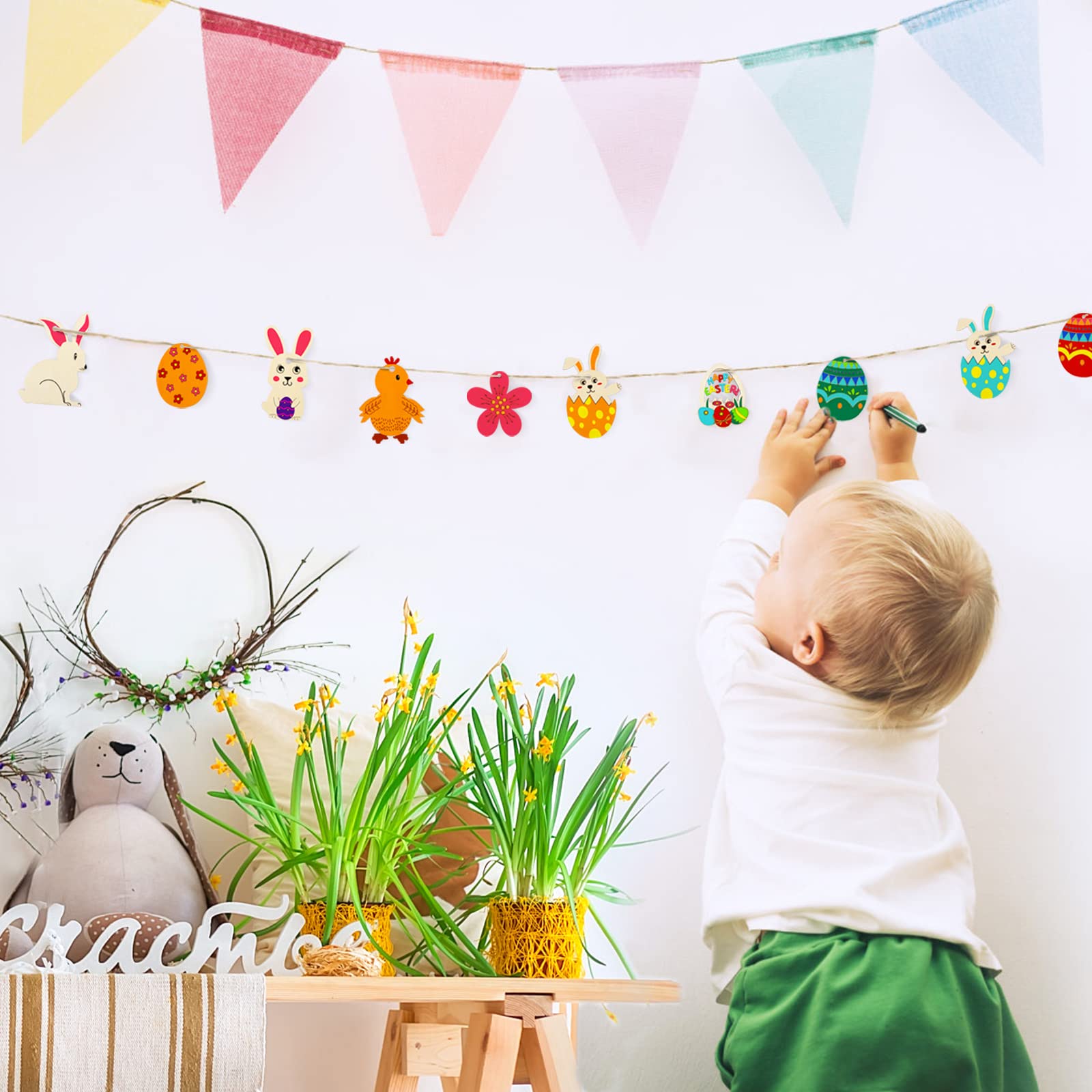 LIHAO 44-teiliges Oster-Bastelset – Holzanhänger Mit Schnur & Wasserfarben, Zum Bemalen Für Kinder