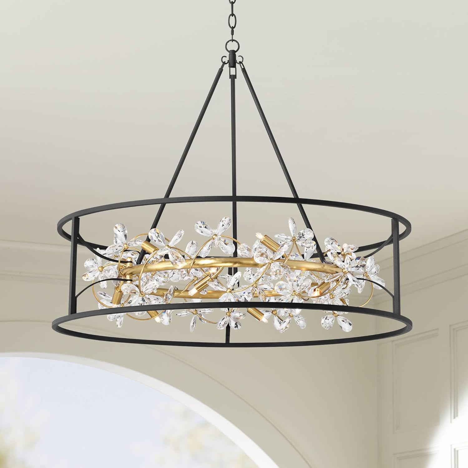 Possini Euro Design Carrine 35" Modern Pendant Chandelier Ceiling Light Fixture Dining Room Over Table Kitchen Island Foyer Ring Hanging 12-Light LED Dimmable Black Gold Finish Metal Hallway Large