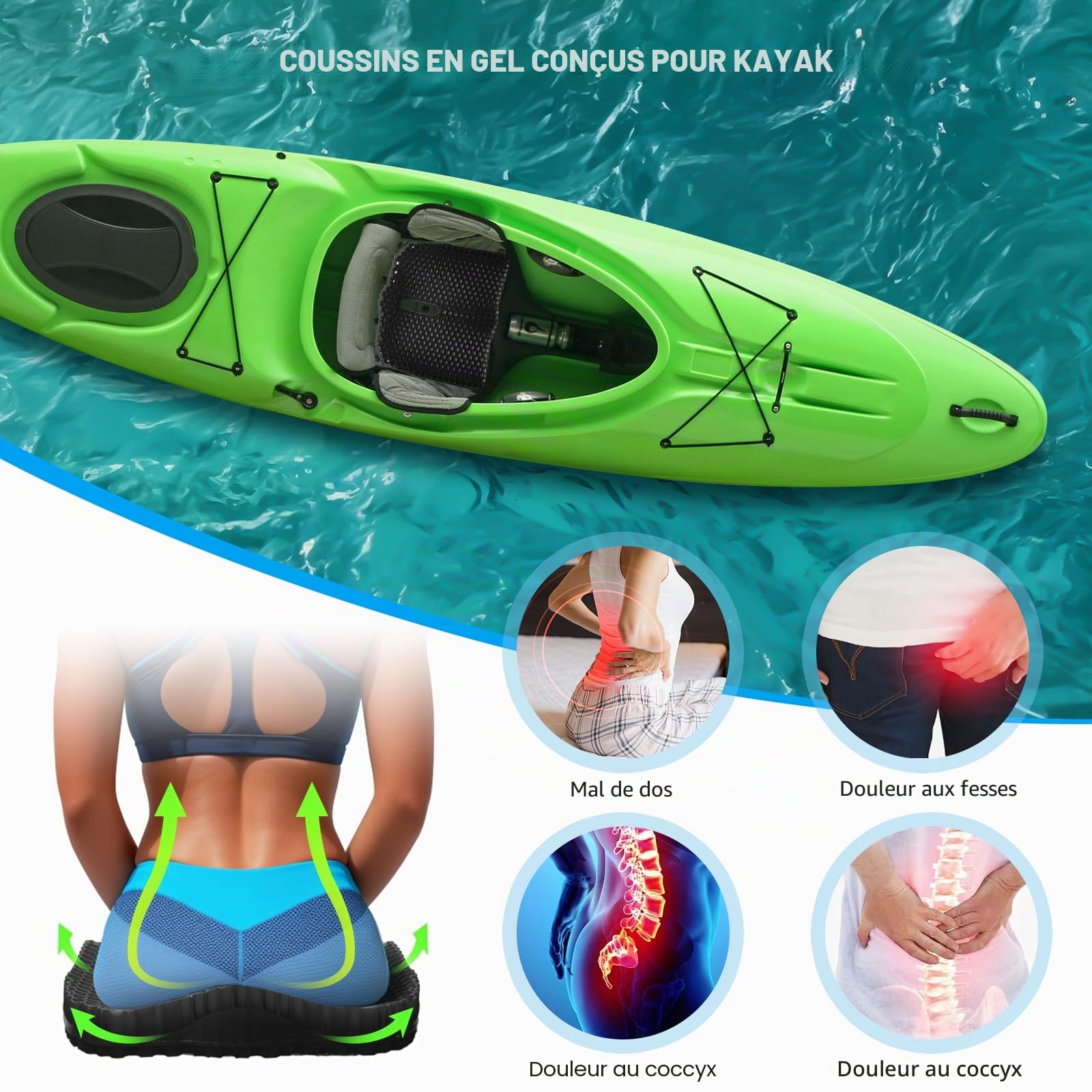 Coussin de siège en gel épais pour kayak, bateau de pagaie, soulagement de la douleur du coccyx sciatique, coussin de siège double épais pour la maison, la voiture, le fauteuil roulant, la