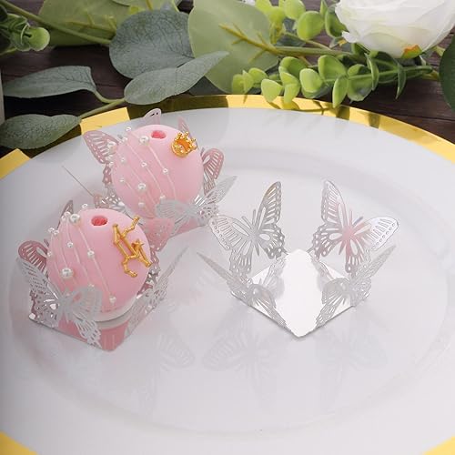 Miniatura 4 de Efavormart - Paquete de 50 mini forros de postre de taza de trufa de mariposa metálica plateada de 4 pulgadas, envoltorios cuadrados para cupcakes,