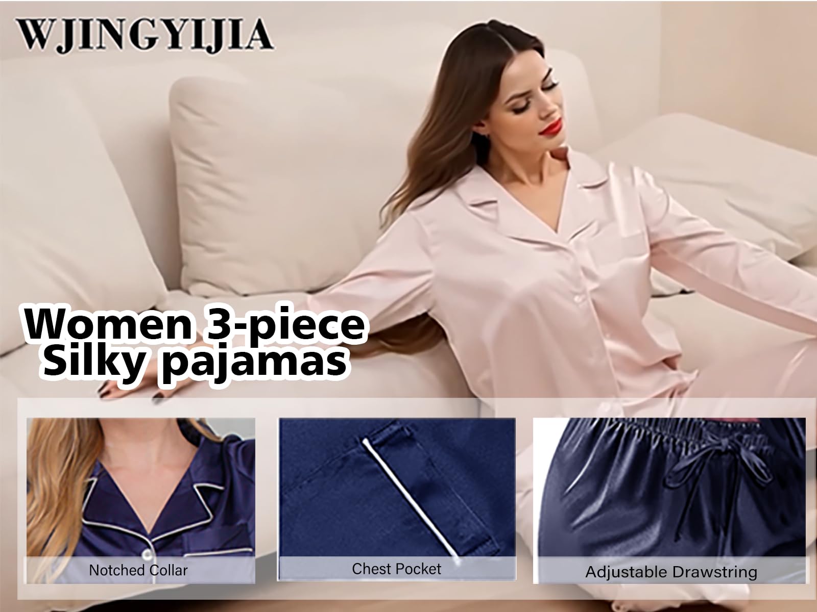 WJing Yi Jia Conjunto de pijama de seda de 3 piezas para mujer, tallas XS a 3XL, conjunto de pijama de satén sedoso, conjunto de pijama largo para dormir