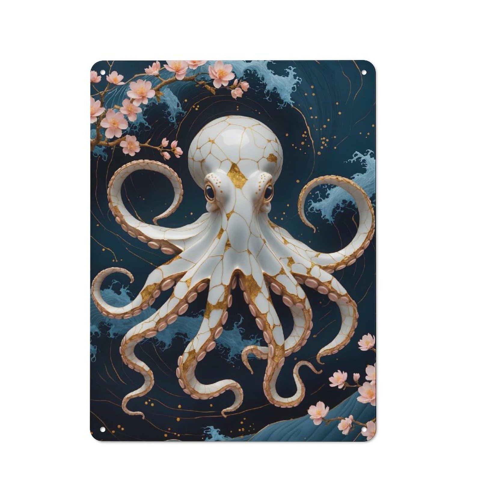 Retro Octopus Kintsugi Art Metal Wall Plaque 40x30cm, Nostalgic Wall Art for Living Room, Hallway, Kitchen Or Cafe