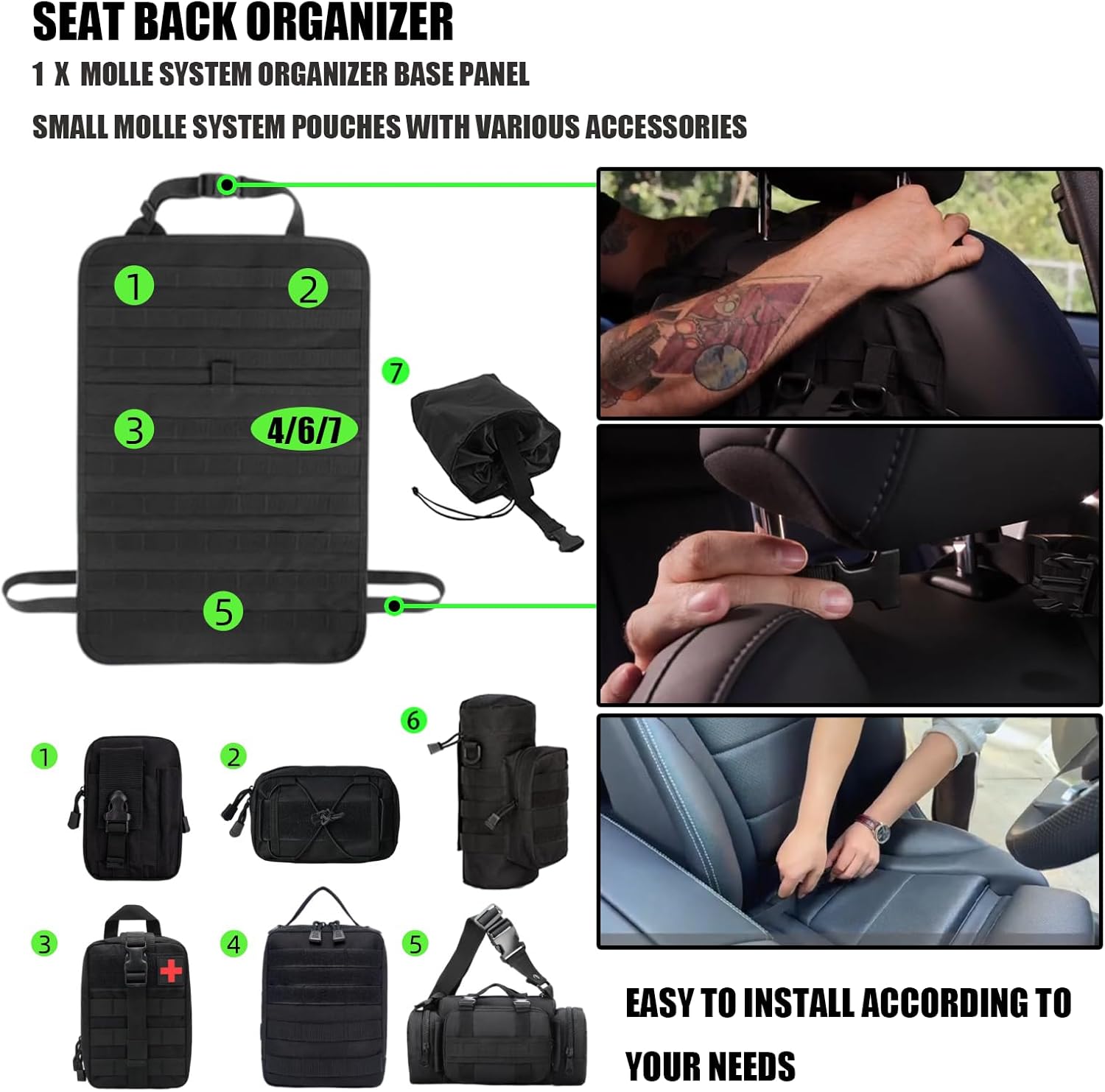 7 PACK Tactical Seat back organizer Truck organizer With 6 Detachable Pouches Universal For Car Truck Ford Jeep Military-Grade Heavier Panels With Multi-functional Packs (8 Pack Black)
