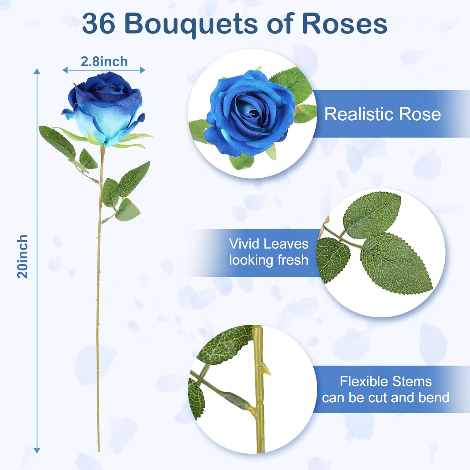 Blue Roses Artificial Flowers Velvet Silk Roses Fake Flowers Faux Artificial Roses Stem Bulk, 36Pcs Realistic Roses for Wedding Centerpieces Flower Arrangement Bridal Bouquet Home Decor