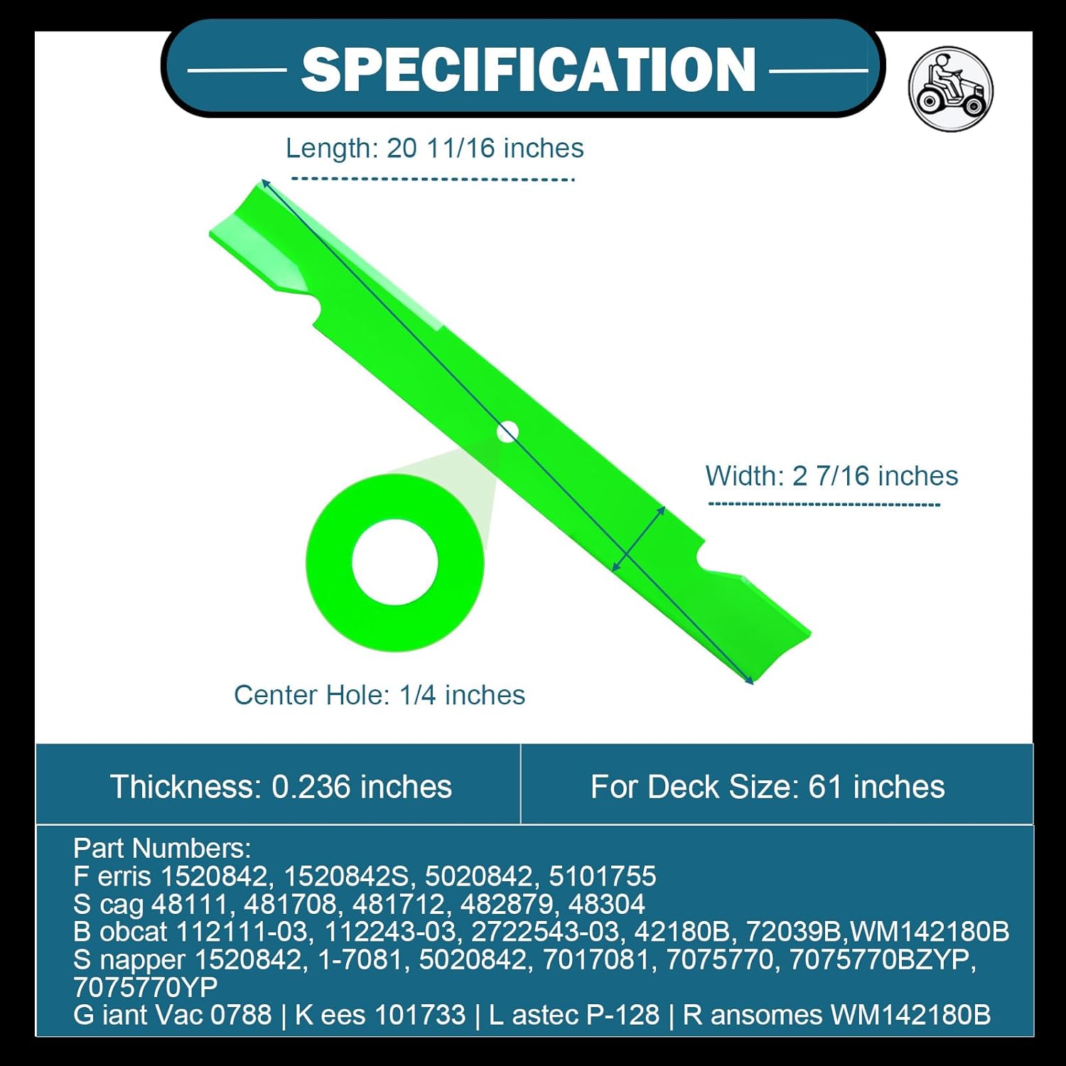61" Deck Mover Blades (5101755S 5101755, 5020842S, 15208425S, 48111, 481708) Fits 61" Deck Ferris B ad Boy S Cag etc Mower Blades (3 PCS)