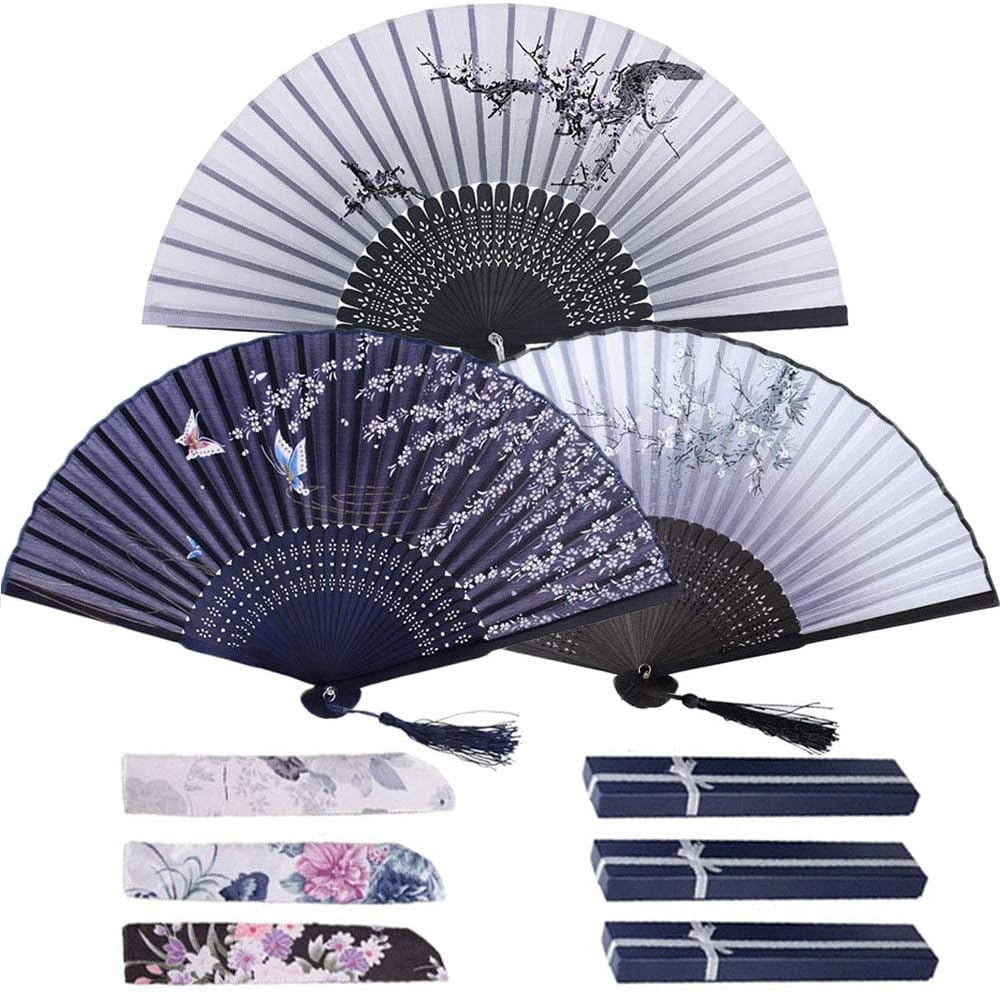 Evance Silk Folding Fans, Handheld Fans Bamboo Fans with Tassel Women's Hollowed Bamboo Hand Holding Fans for Wedding Party Props Wall Decoration (Set A)