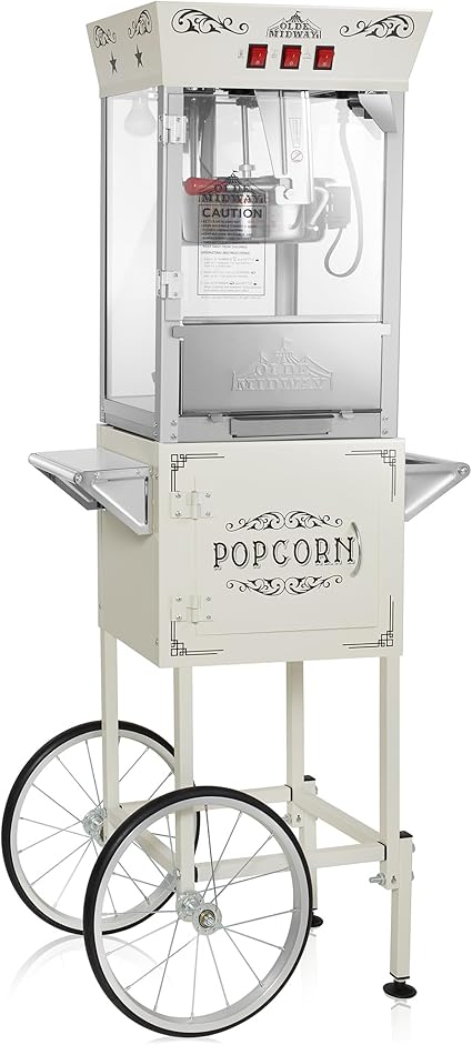 Olde Midway Movie Theater-Style Popcorn Machine Maker with Cart and 10-Ounce Kettle - Cream, Vintage-Style Popper on Wheels