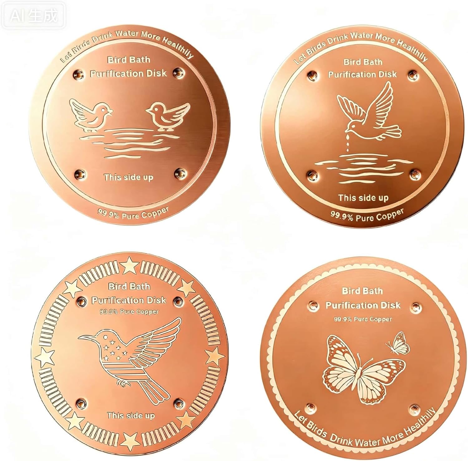 4 Packs Bird Bath Copper Disk for Outside, 99.99% Pure Copper Disc for Bird Bath for Outside, Physical Safe Water Cleaner for Outdoor Birdbaths Bowls, All-Season Use (4Packs)