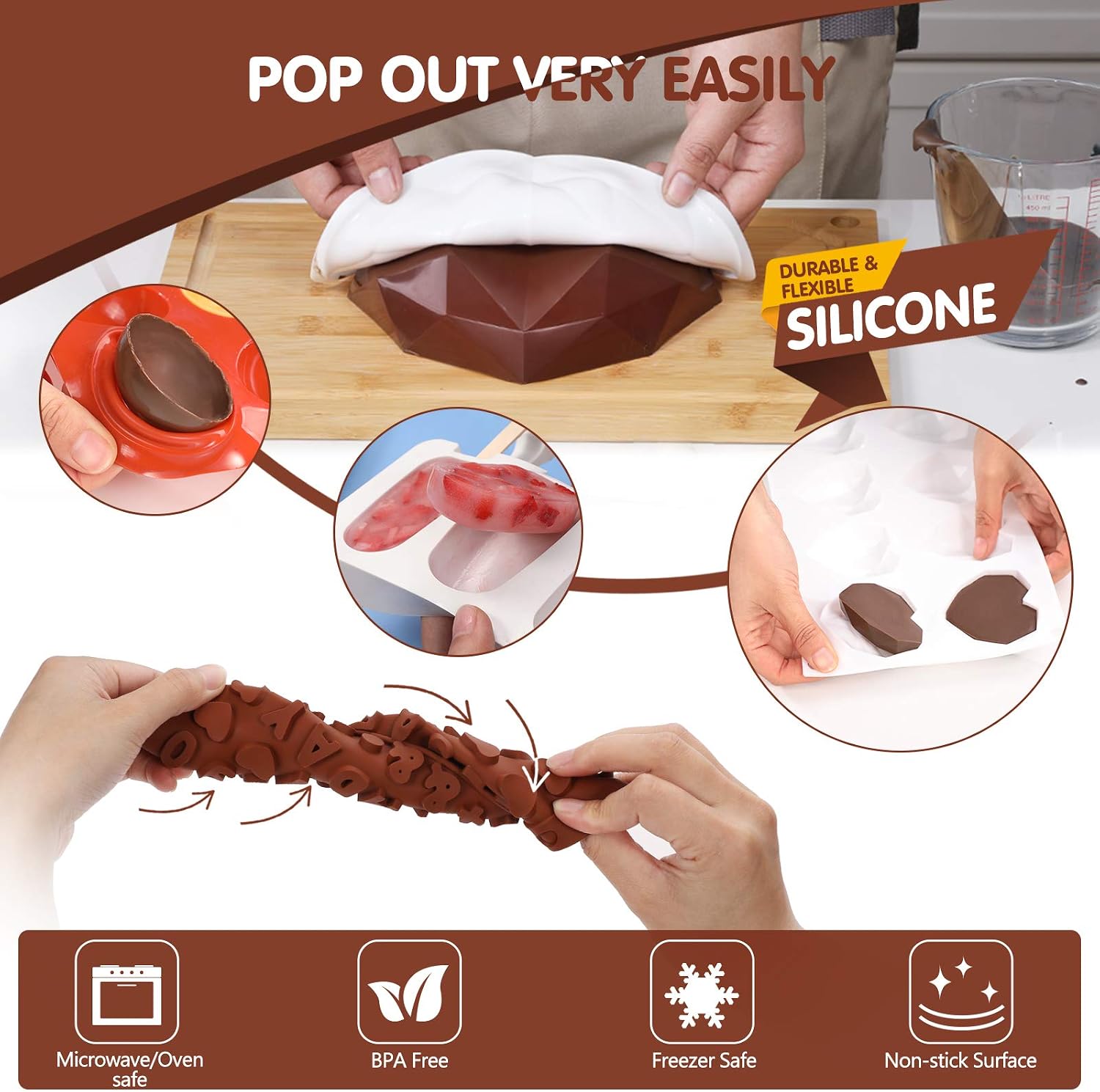123 Pcs Heart Silicone Molds Set for Chocolate Includes 1x Breakable Heart Mold,2x Cocoa Bomb Molds,1x 8 Cavities Heart Mold,15x Wood Hammers,2x Number and Letter Molds,2x Popsicle Molds,100x Sticks
