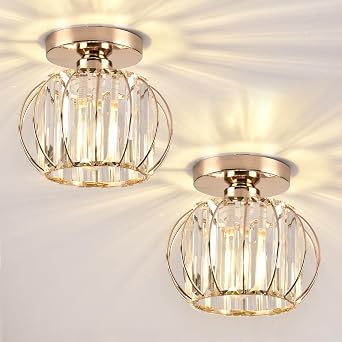 ZYDTRIP Crystals Ceiling Light Fixtures Chandelier, Small Semi Flush Mount Ceiling Light Fitting for Hallway Entrance Kitchen Bedroom Dining Rooms Living Rooms Bar 2 Pack Gold