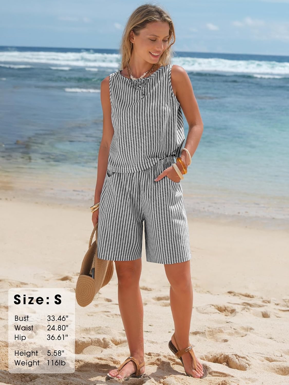 EXLURA Womens 100% Cotton 2 Piece Striped Outfits Sleeveless Tank Tops and Matching Bermuda Shorts 2026 Casual Beach Vacation - Image 2