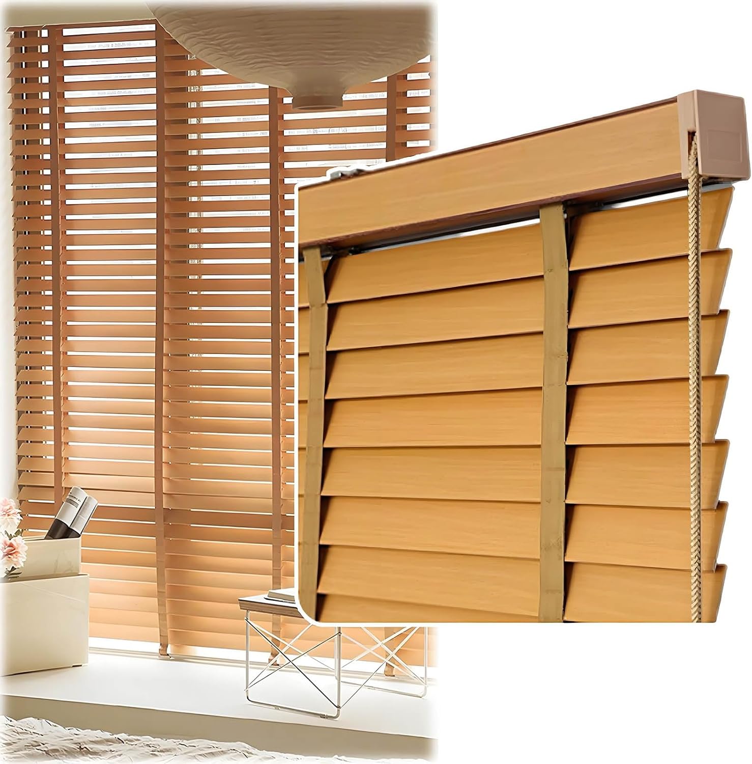 Faux Wood Home Window Blinds 2 inch Cordless 34x60 35x60 30x72 34x72 32x48, Bedroom Wood Window Shades, Indoor Natural Solid Window Blinds for Office Interior Door Blackout Privacy(Black)