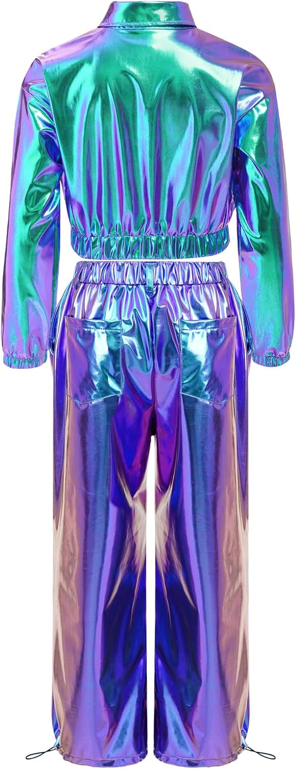 Oyolan Kids Boys Girls Metallic Long Sleeve Disco Party Jacket Coat Hip Hop Bomber Outwear and Pants Set Tracksuit Blue 14 Years