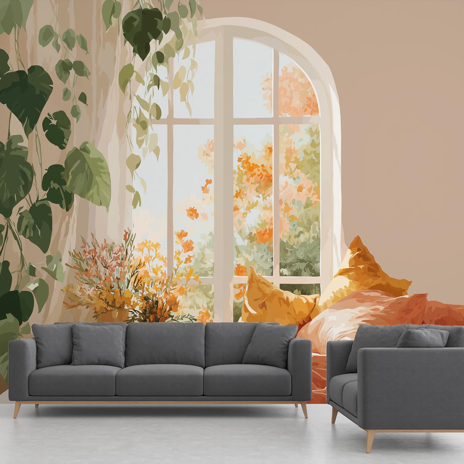 Papier peint panoramique vigne 250x352 cm trompe l'œil fenêtre