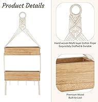 Vista 5 de Mkono Macrame Hanging Shelf for Bedside Shelf Organizer with Hooks, Boho Wall Decor Cute Wood Floating Shelves for Girls Bedroom Dorm Nursery, Wall