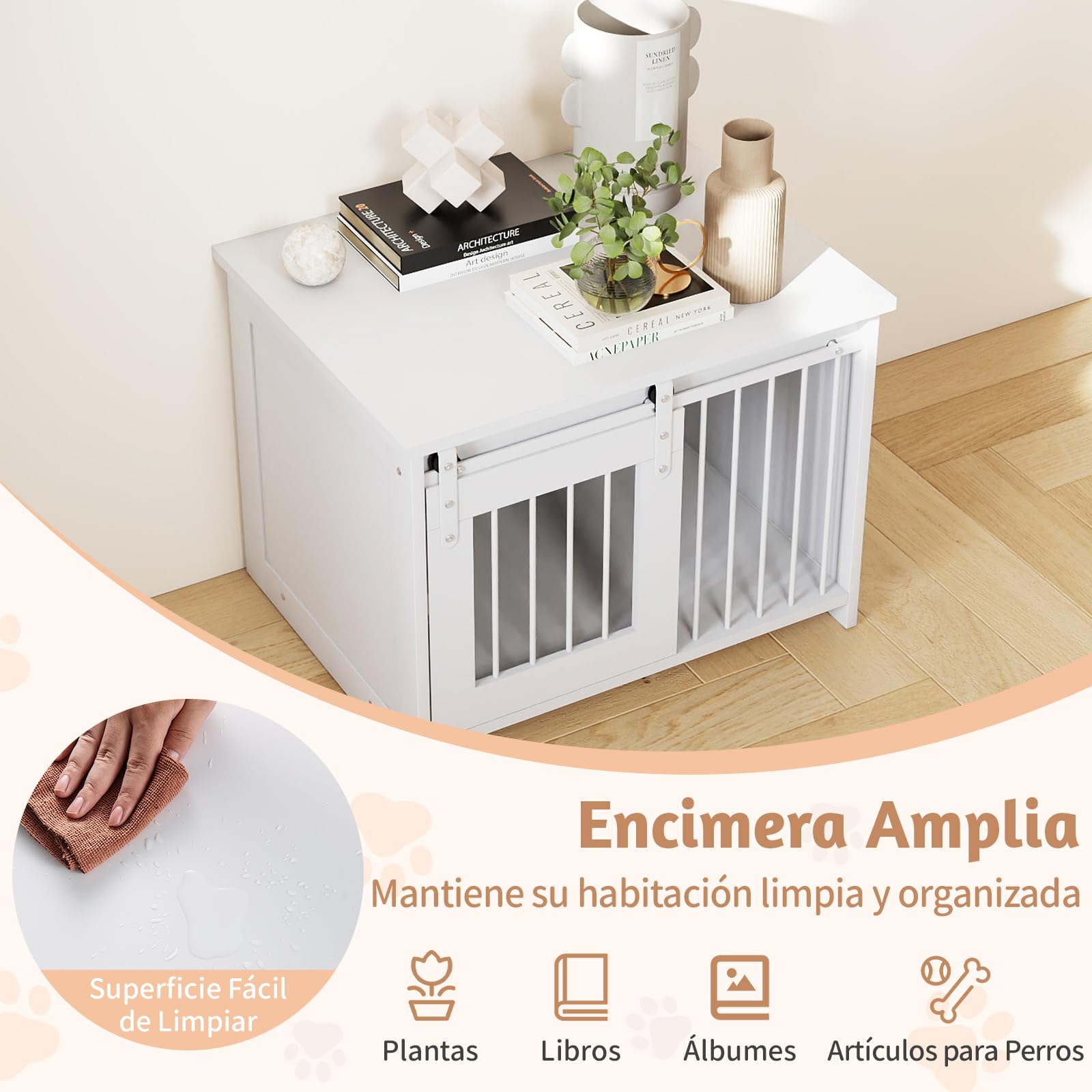 GOPLUS Jaula para Perros, Jaula para Mascotas con Bandeja Grande, Puerta Corrediza, Tubos Metálicos, Mueble Nido Interior para Perros Pequeños y Medianos, Mesa Auxiliar 80 x 60 x 60 CM (Blanco)