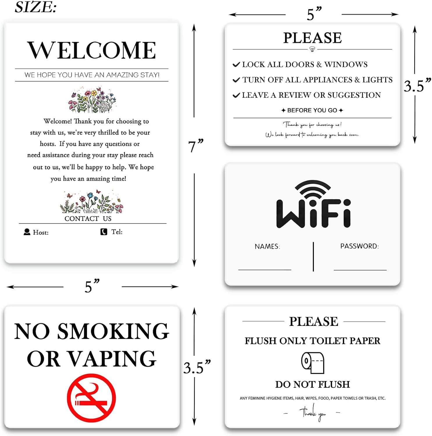 5 Acrylic Air BnB Sign Bundle, Magnetic Welcome Signs | Wifi Password Fridge Magnet, House Rules – Do Not Flush for Bathroom Toilet Guests | No Smoking Signage | STR Host | Rental Home | VRBO Signs