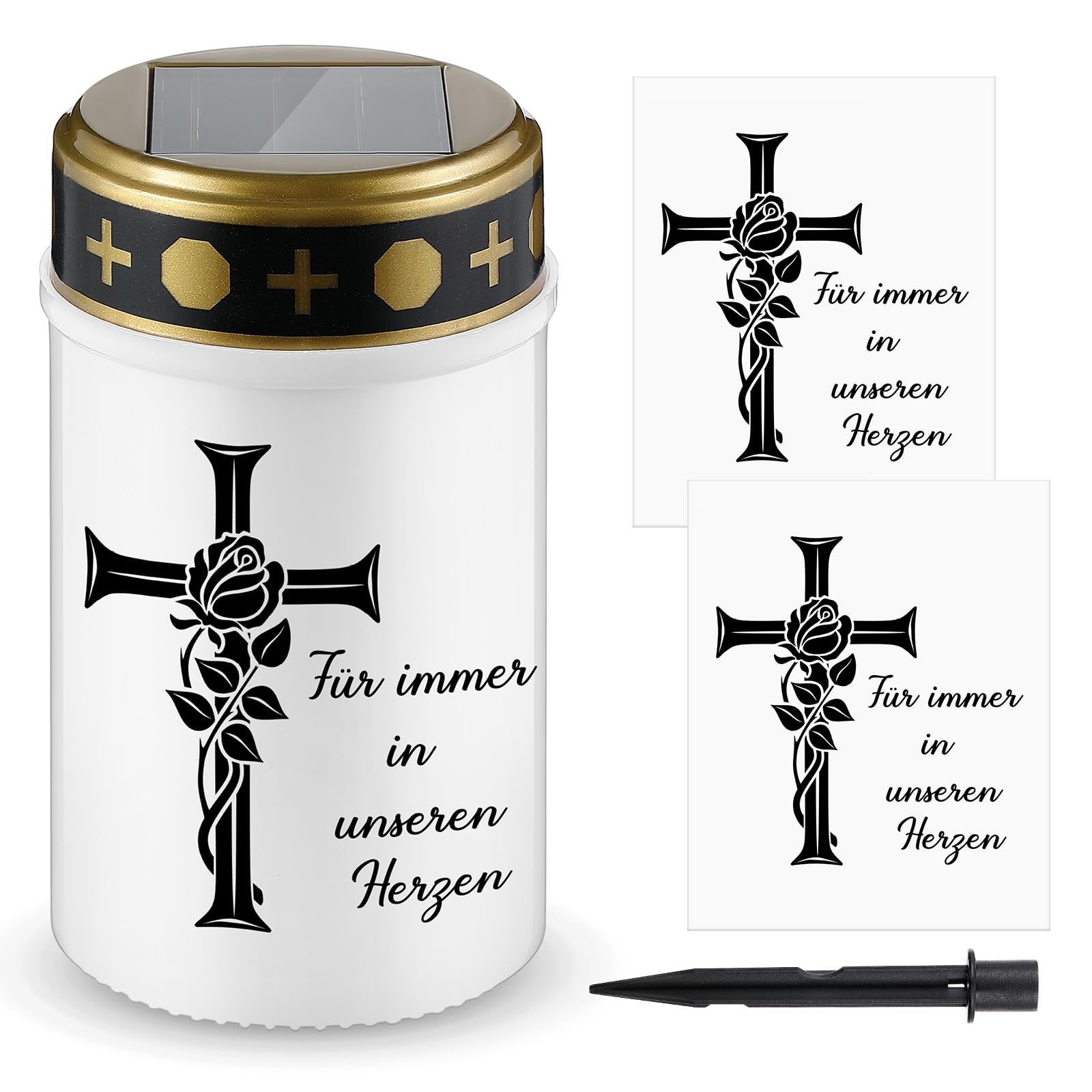 Nezyo 1 Grablicht mit Erdspieß Solar mit 2 Aufkleber LED Friedhofskerzen mit Solar für Outdoor Wasserdicht LED Kerzen mit Text für Immer in Unseren Herzen(Weiß,Kreuz)