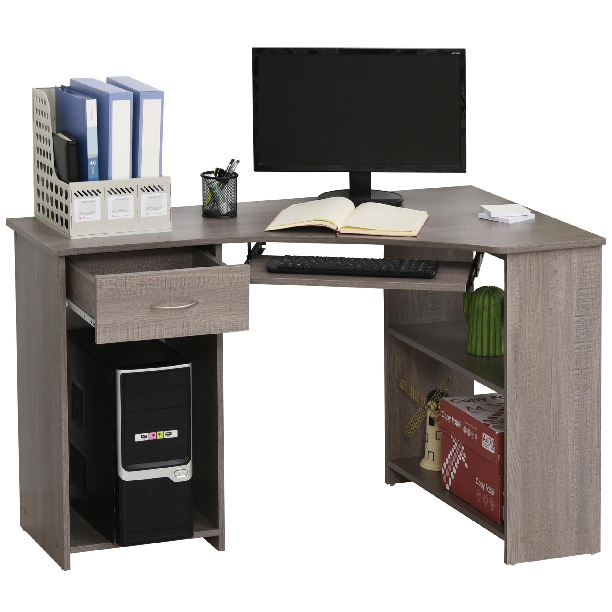 HOMCOM L-Shaped Corner Computer Desk Wide Worktop w/Keyboard Tray Grey โ image 1