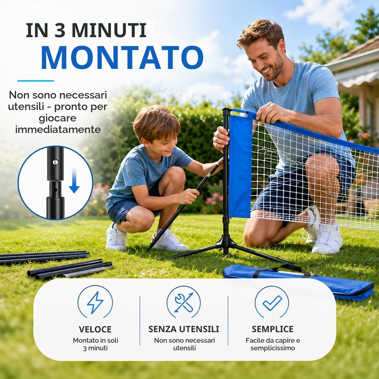 Rete da badminton 3,1 m – supporto regolabile in altezza 107/105/150 cm e borsa per il trasporto, rete in nylon pieghevole, facile da montare e smontare, ideale per tennis, fedrball, pallavolo o beach