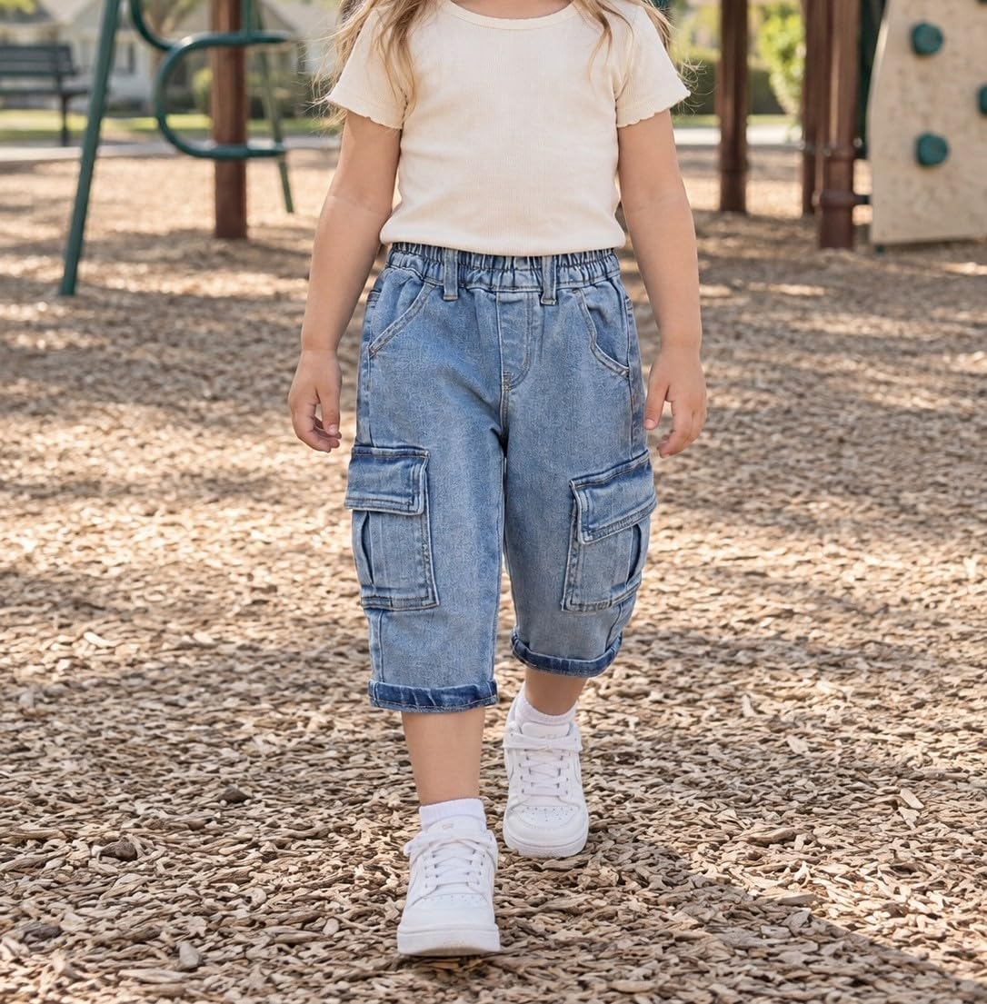 KIDSCOOL Kids Cargo Denim Jeans Elastic Waist Cuffed Capri Pants