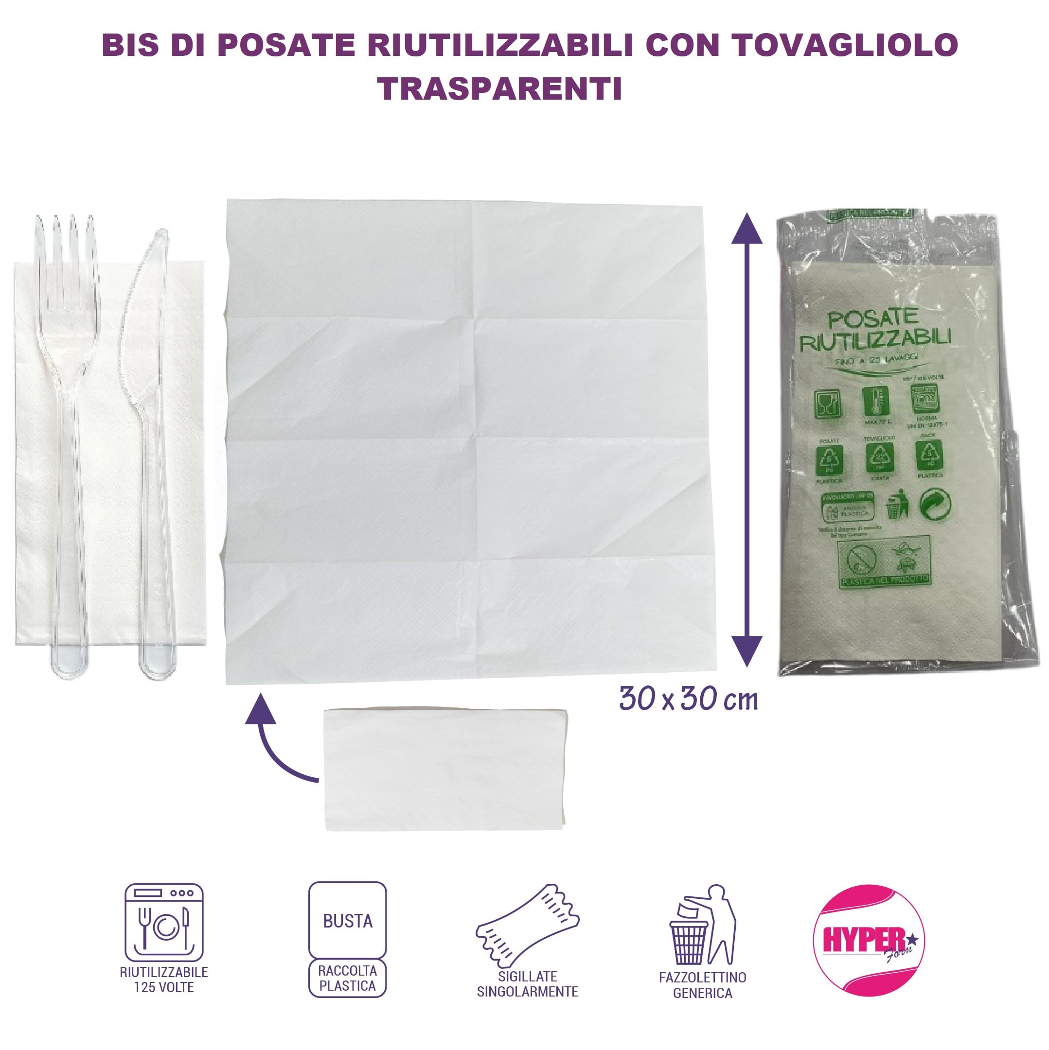 HYPER form Set Posate Riutilizzabili, Forchetta e Coltello Trasparenti con Tovagliolo, Lavabili fino a 125 Cicli, Made in Italy (100)