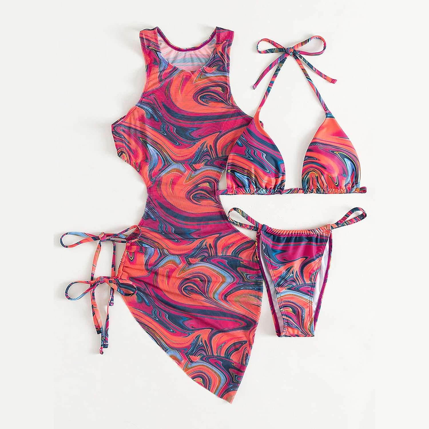 3 Piece Swimsuits for Women Padded Floral Print String Bikini Sets Bathing Suit Set Sexy Cutout High Neck Mesh Beach Cover Up