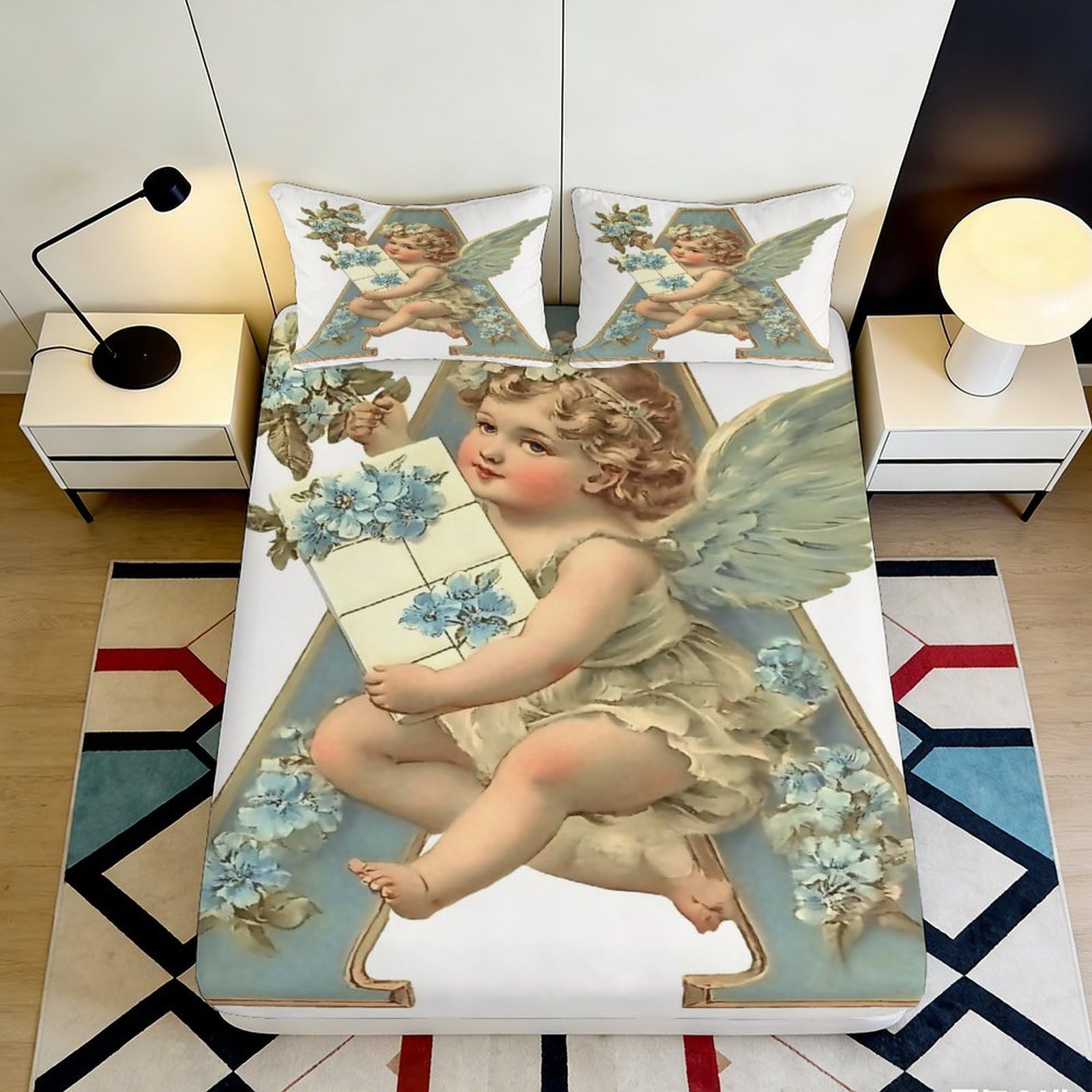 3D Printed Vintage Angel Fitted Sheet Microfiber Soft Blue Cherub Mattress Cover for Bedroom Decor Dorm Protection 90x200x25cm