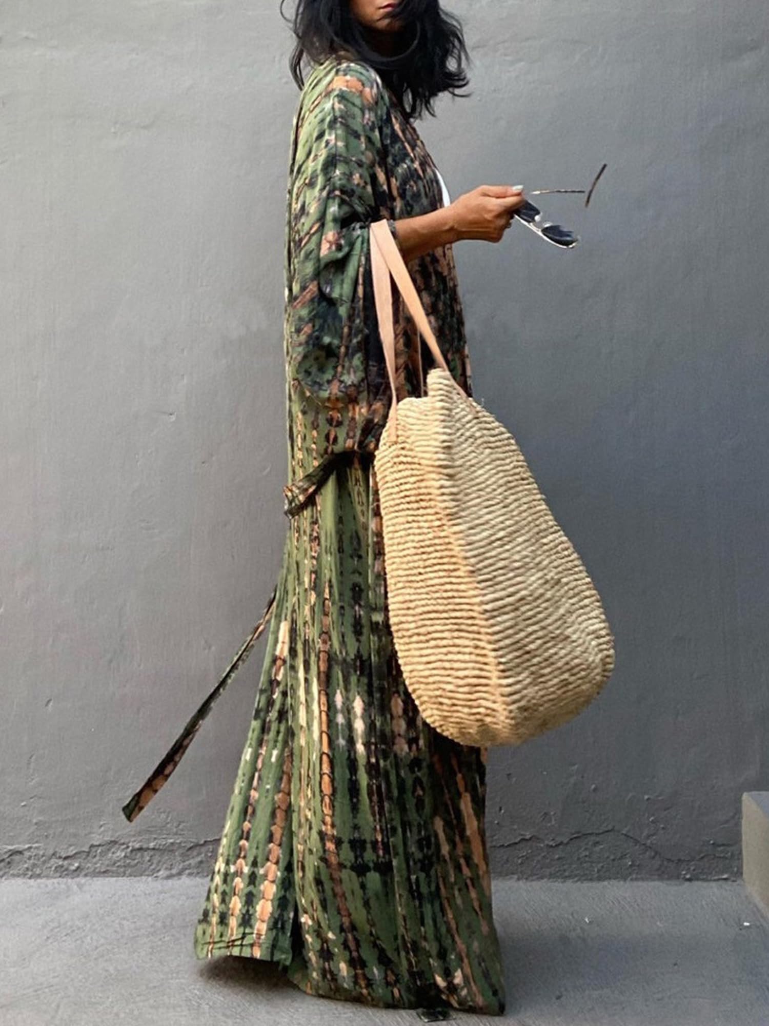 Moss Rose Cárdigan tipo kimono de verano para mujer, estilo caftán, abierto, para playa, vacaciones, con cinturón