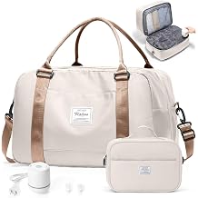 Vacuum Travel Bag for Women with Air Pump, Personal Item Carry on Bags with Seal Compression Pocket for Airlines, Weekender Overnight Bag for Women with Toiletry Bag,Beige & Brown