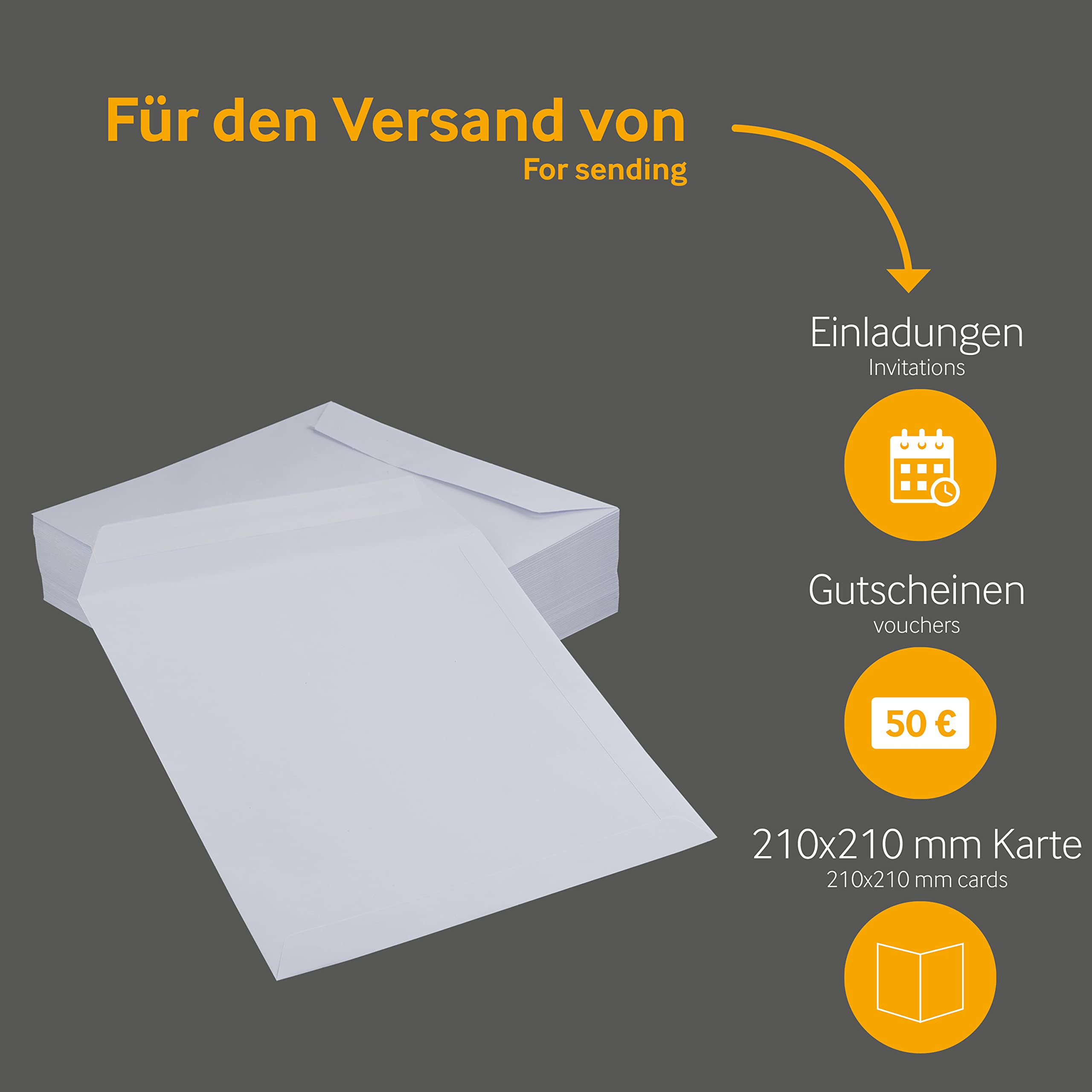 100 Stück, Briefumschläge, 240 x 240 mm, Haftklebung mit Abziehstreifen, Gerade Klappe, 120 g/qm Offset, Ohne Fenster, Weiß (Hochweiß), Blanke Briefhüllen