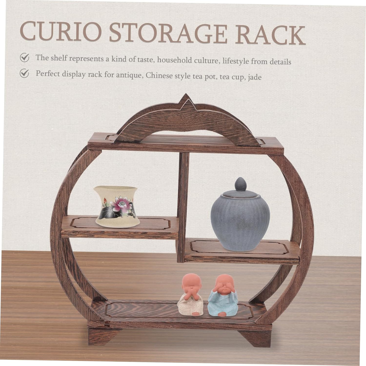 Antique Wooden Curio Display Stand for Tea Elegant Carving Storage Rack Stable Design for Collectibles and Home for Living and Study