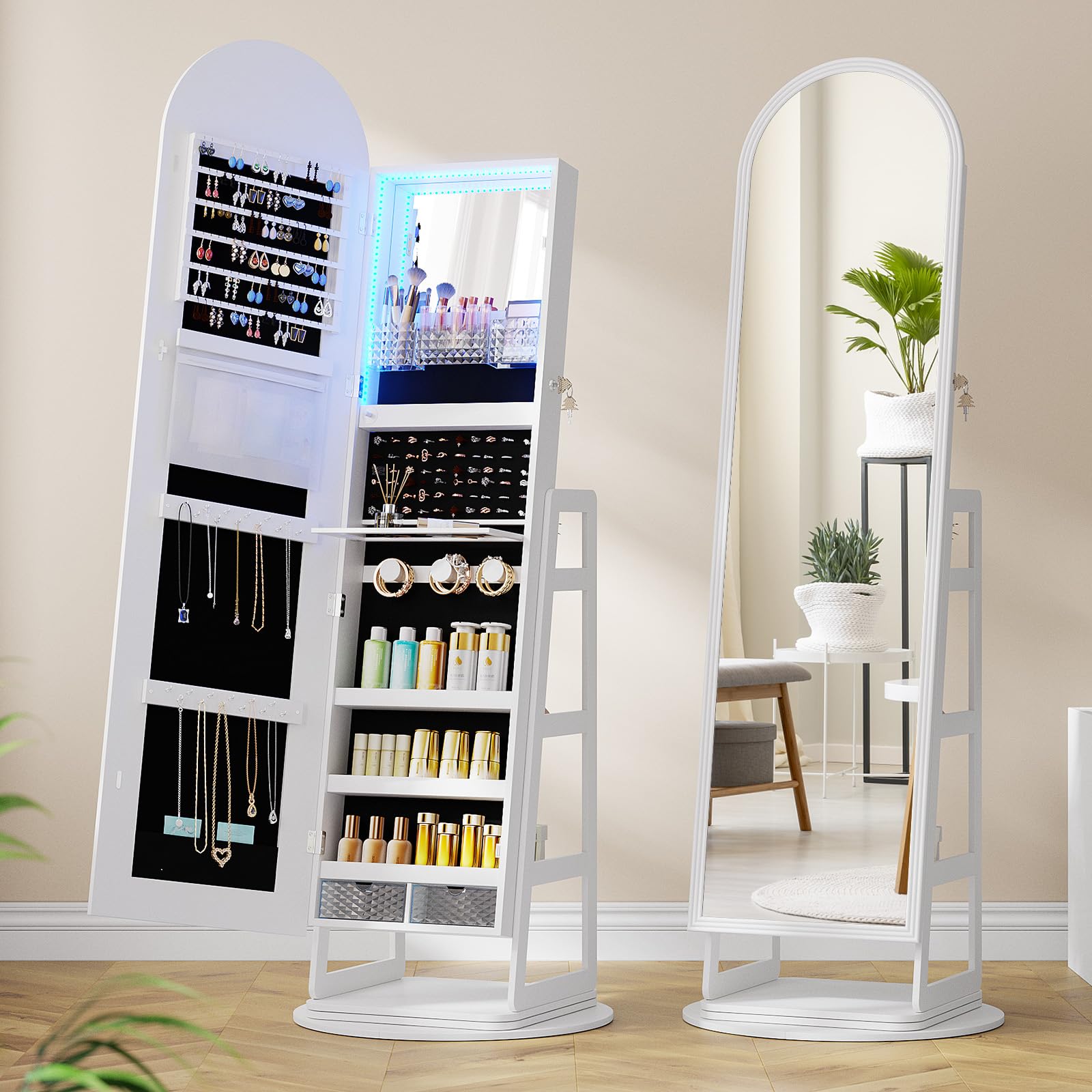 FREDEES Arched Mirror Jewelry Cabinet with Storage and LED Lights, White