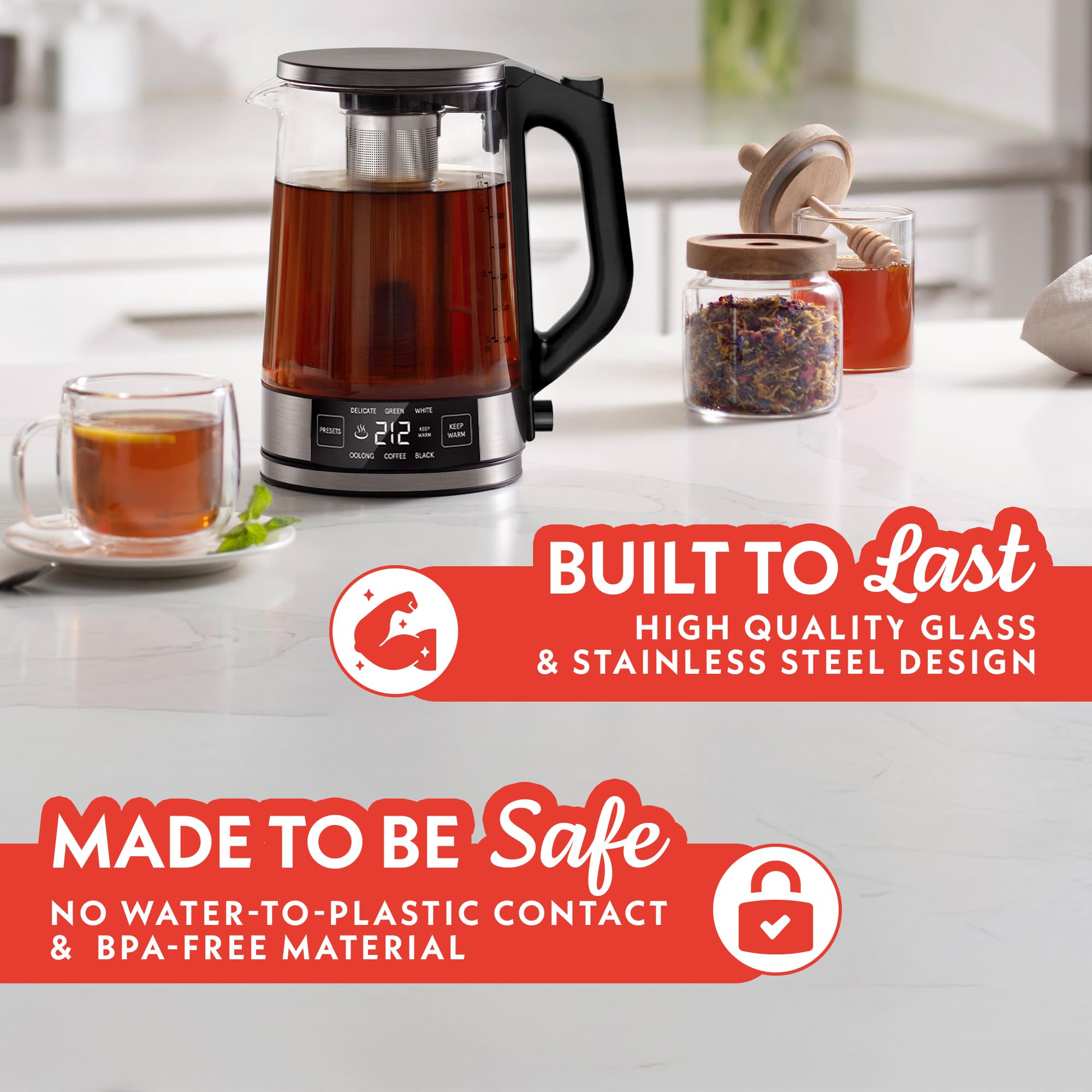 Gourmia Programmable Digital Glass Kettle – 1.7L Adjustable Temperature Electric Kettle with 6 Presets, Keep Warm, Stainless Steel Tea Infuser, 360° Swivel Base, Black
