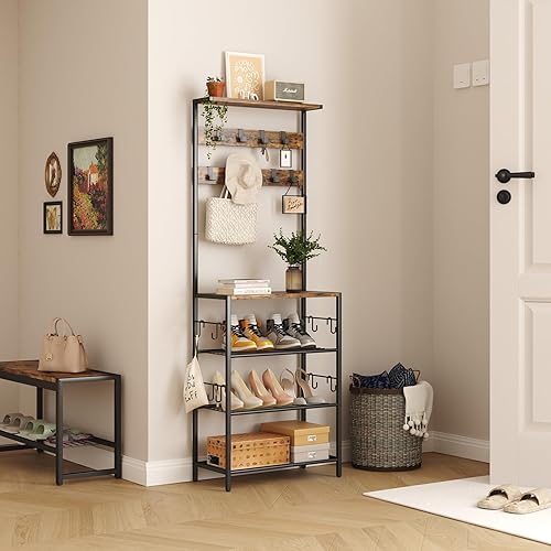 Miniatura 3 de HOMEFORT Perchero con almacenamiento de zapatos, zapatero de 5 niveles y perchero con 9 ganchos para ropa, organizador independiente para árbol de