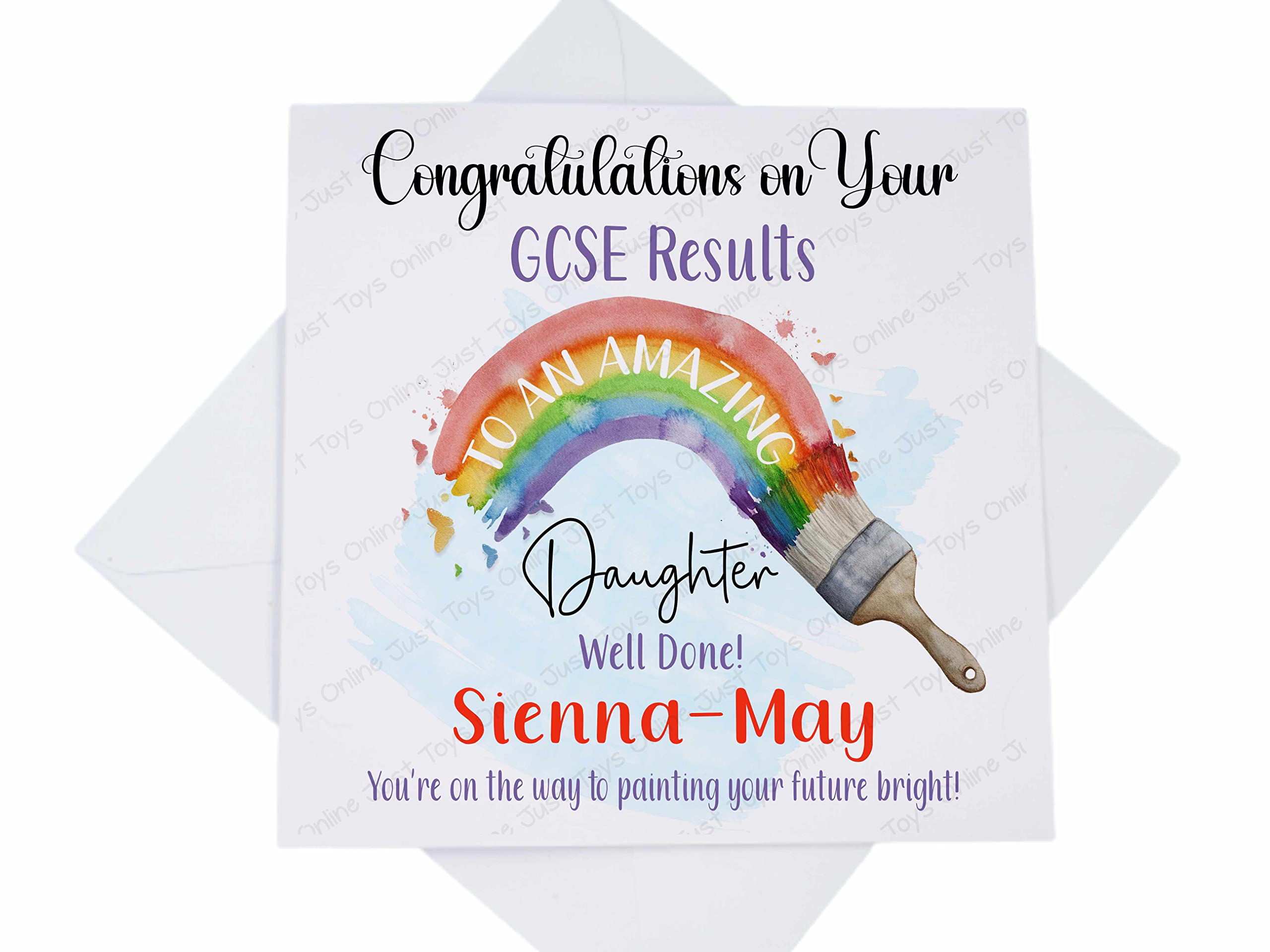 Just Toys Online Personalised Custom Well Done Exam Results Card,Son Granddaughter GCSE or A Level Congratulations Card,Painting Your Future Bright Card,Rainbow Paintbrush,white,5.8mm square