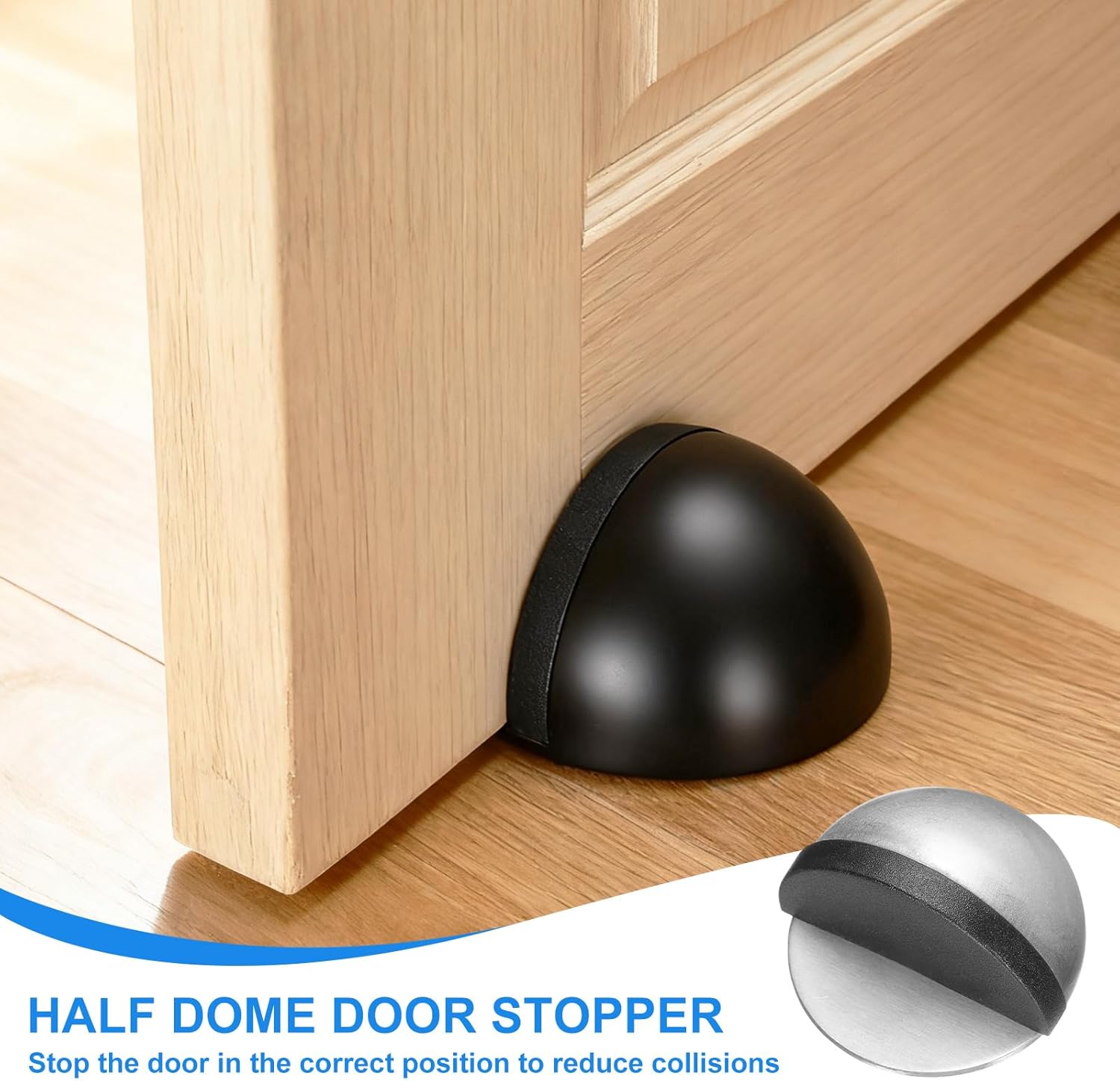 M METERXITY Adhesive Door Stopper (Half Dome, Silver) 8 Pack - Floor Door Stopper Wall Protector Stainless Steel No Drill Stop Apply to Bedroom/Living Room/Bathroom/Office