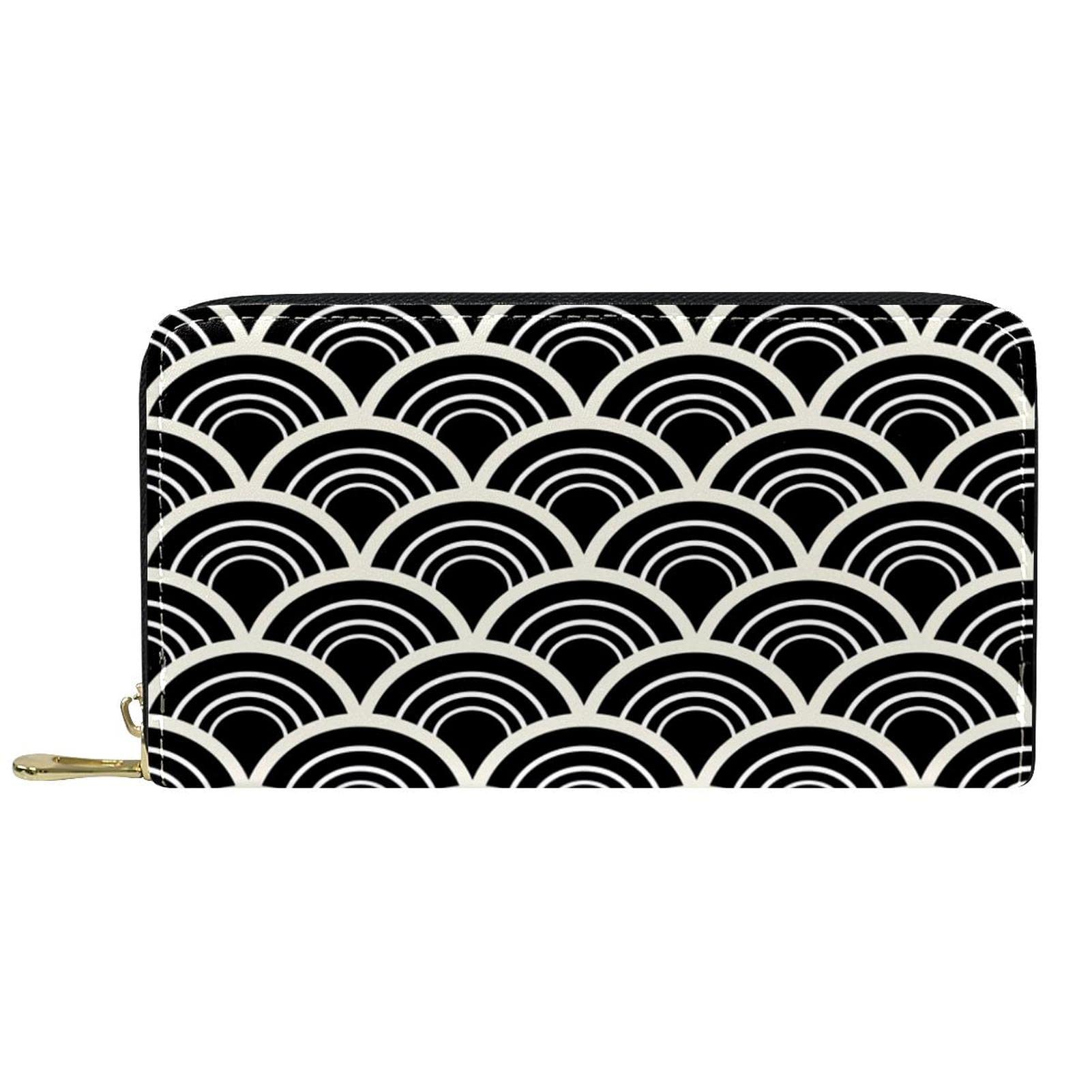 Cartera de cuero con cremallera larga en blanco y negro con patrón abstracto, Varios colores, 20.5x2.5x11.5cm/8.07x1x4.53 in, Classic