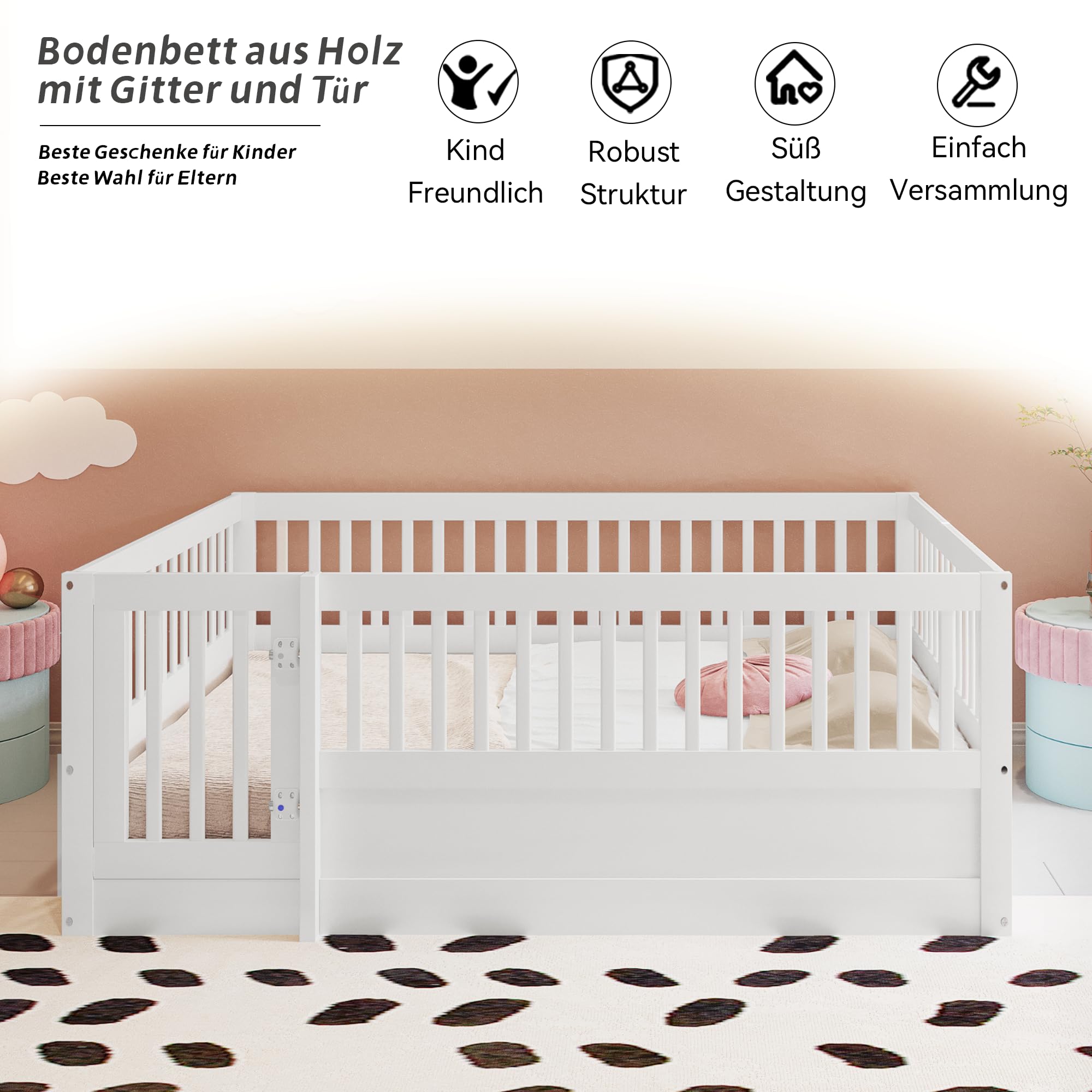 Kinderbett 140x200 cm, Montessori Bodenbett aus Holz mit Gitter und Tür, Kinder Bettgestell mit Rausfallschutz, Niedriges Holzbett für Kinderzimmer, Jungen Mädchen, Weiß