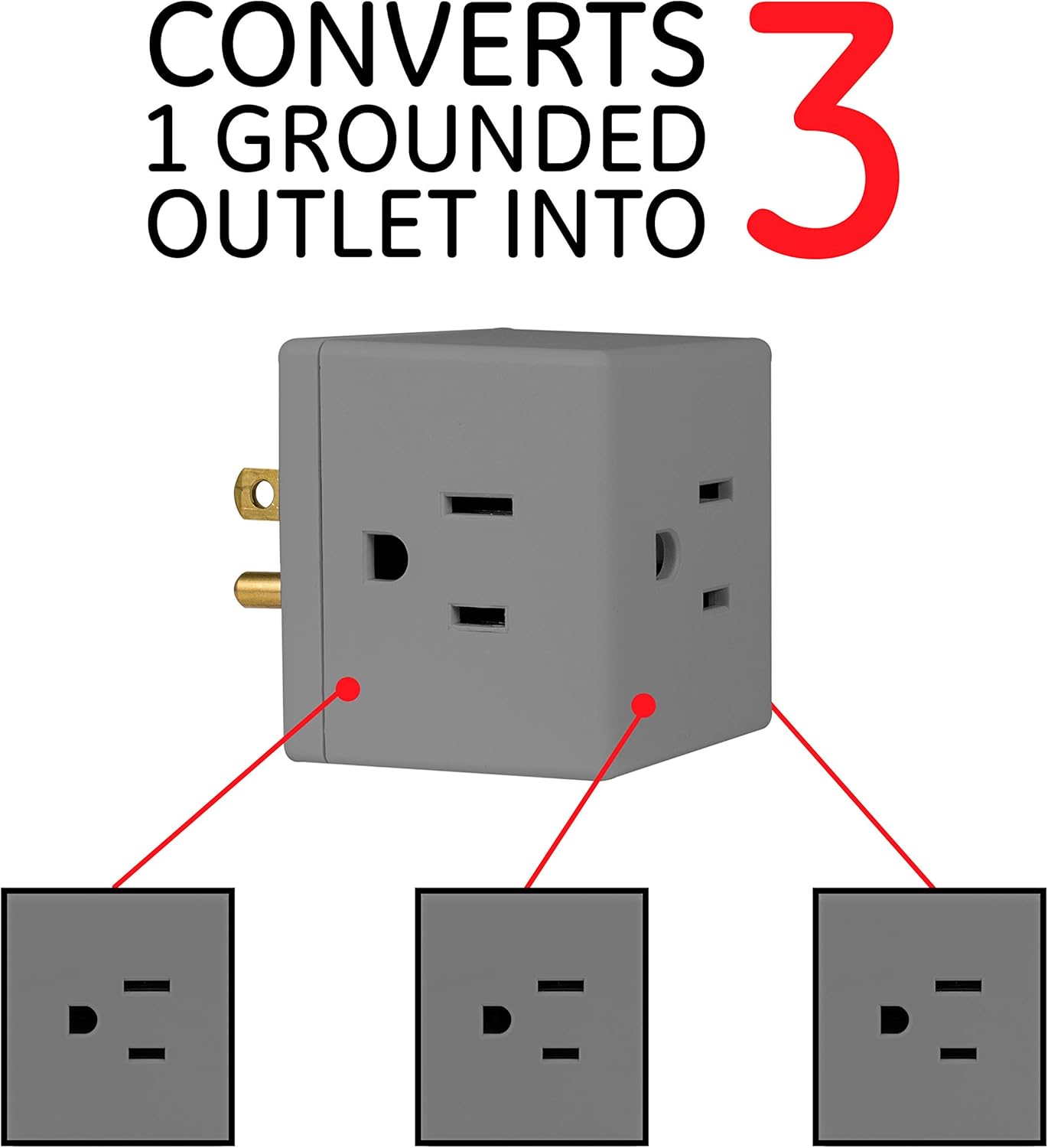 GE 3-Outlet Extender, 3 Pack, Grounded Wall Tap, Adapter Spaced, 3-Prong, Multiple Plug, Power Splitter, Cruise Essentials, Use for Home Office School Dorm, UL Listed, Grey, 47036
