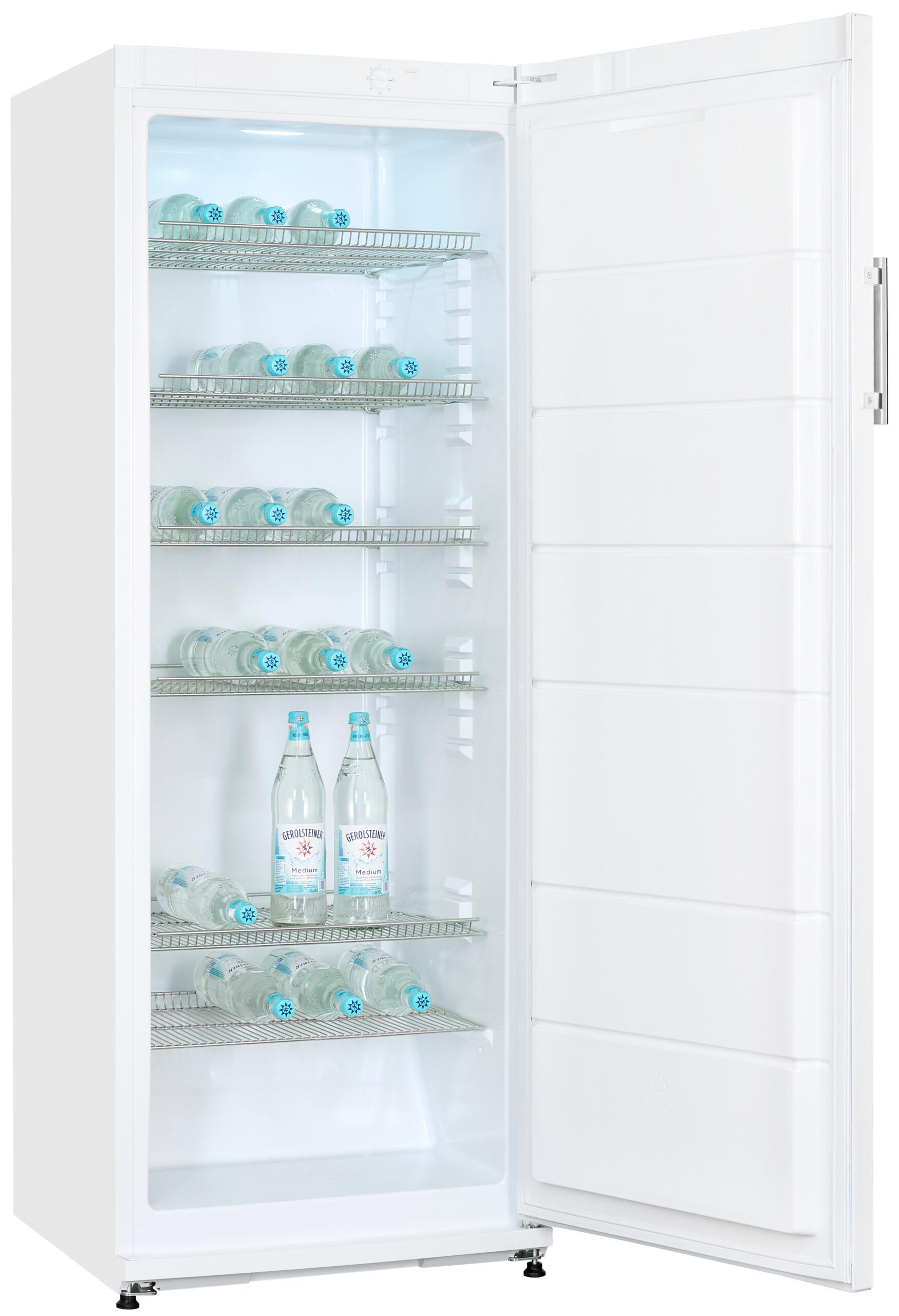 Exquisit® Frigorífico para Bebidas 296L, Color Blanco, Clase E, Puerta Reversible, 6 Estantes de Rejilla, Tirador Externo de Acero, Iluminación LED, Medidas (163,0 x 60,0 x 62,0 cm)