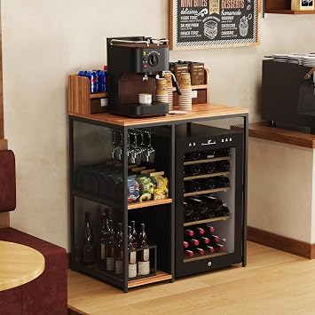 Kikihouse 4-Tier Industrial Style Mini Fridge & Microwave Oven Stand, Adjustable Kitchen Bakers Rack, Freestanding Utility Storage Shelf for Living Room, Kitchen, Bar, Office Wood