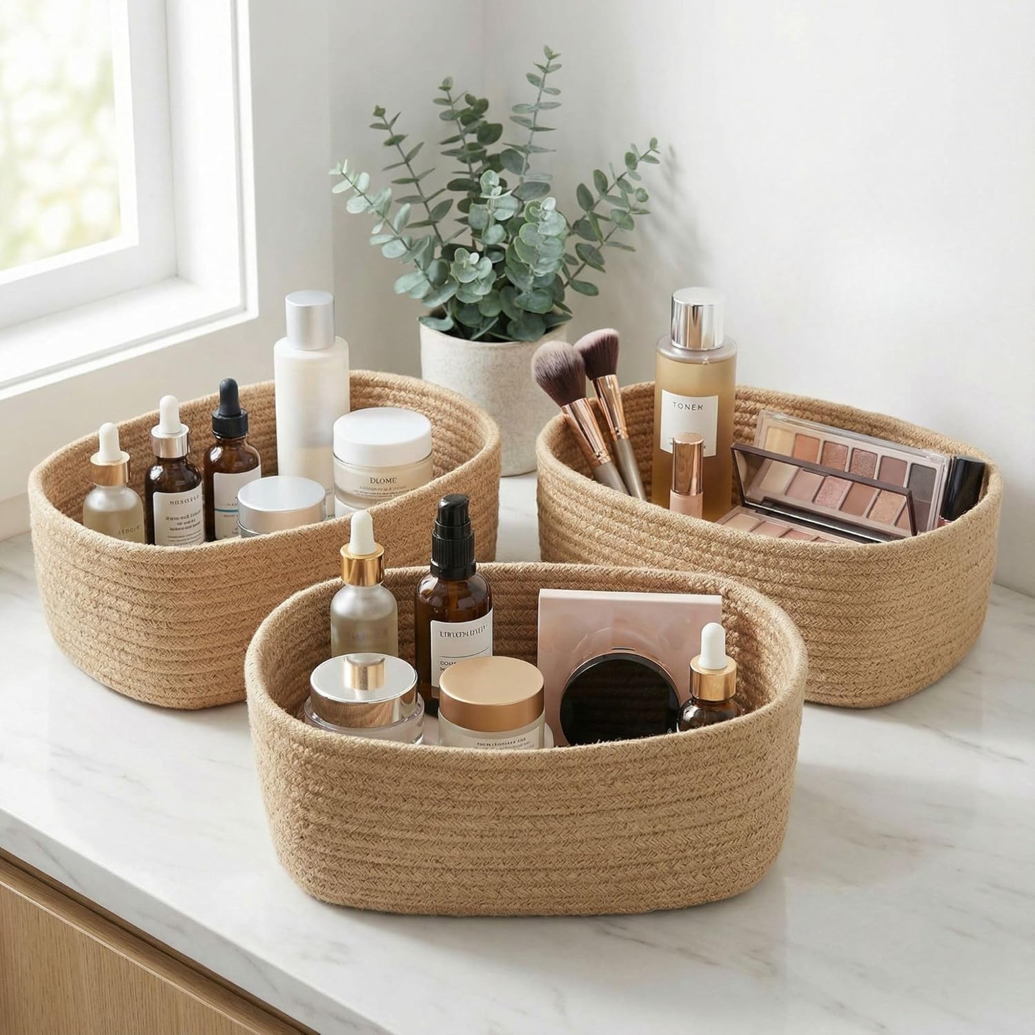 Storage Baskets, 3 Pack Woven Natural Cotton Rope Bins for Organizing Shelves, Closet, Baby Nursery Makeup Bins Kids Pets Toy Small Size-S,M,L (X-17)-image-47