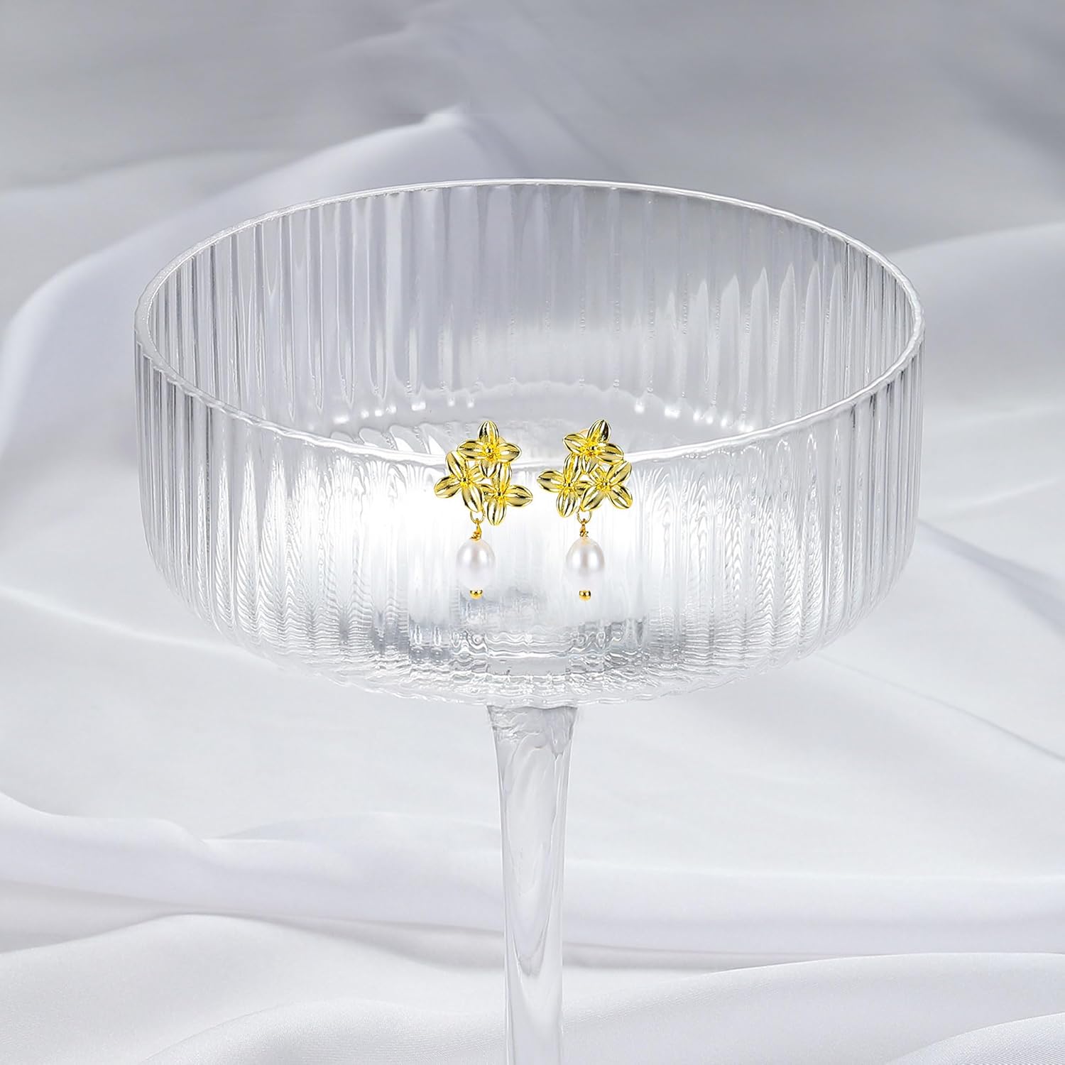 Gold Pearl Flower Stud Earrings for Women Dangling, 14k Gold Plated Small Dainty Pearl Drop Earrings Studs Pearl Dangle Dangly Earrings for Women Gold Jewelry Non Tarnish - Image 4